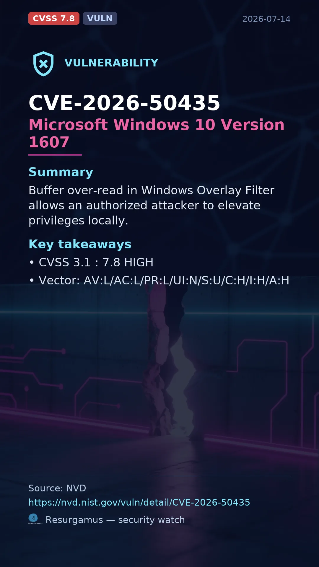 CVE-2026-50435 Microsoft Windows 10 Version 1607 Vulnerability