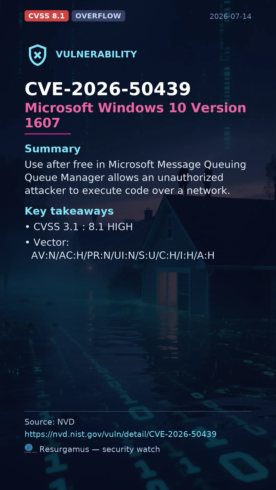 CVE-2026-50439 Microsoft Windows 10 Version 1607 Vulnerability