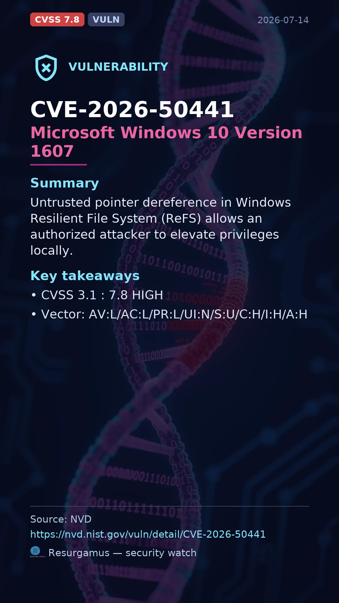 CVE-2026-50441 Microsoft Windows 10 Version 1607 Vulnerability