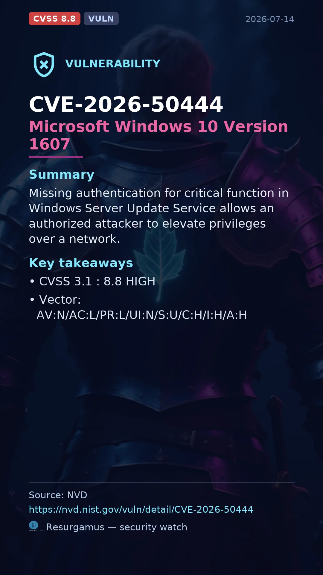 CVE-2026-50444 Microsoft Windows 10 Version 1607 Vulnerability
