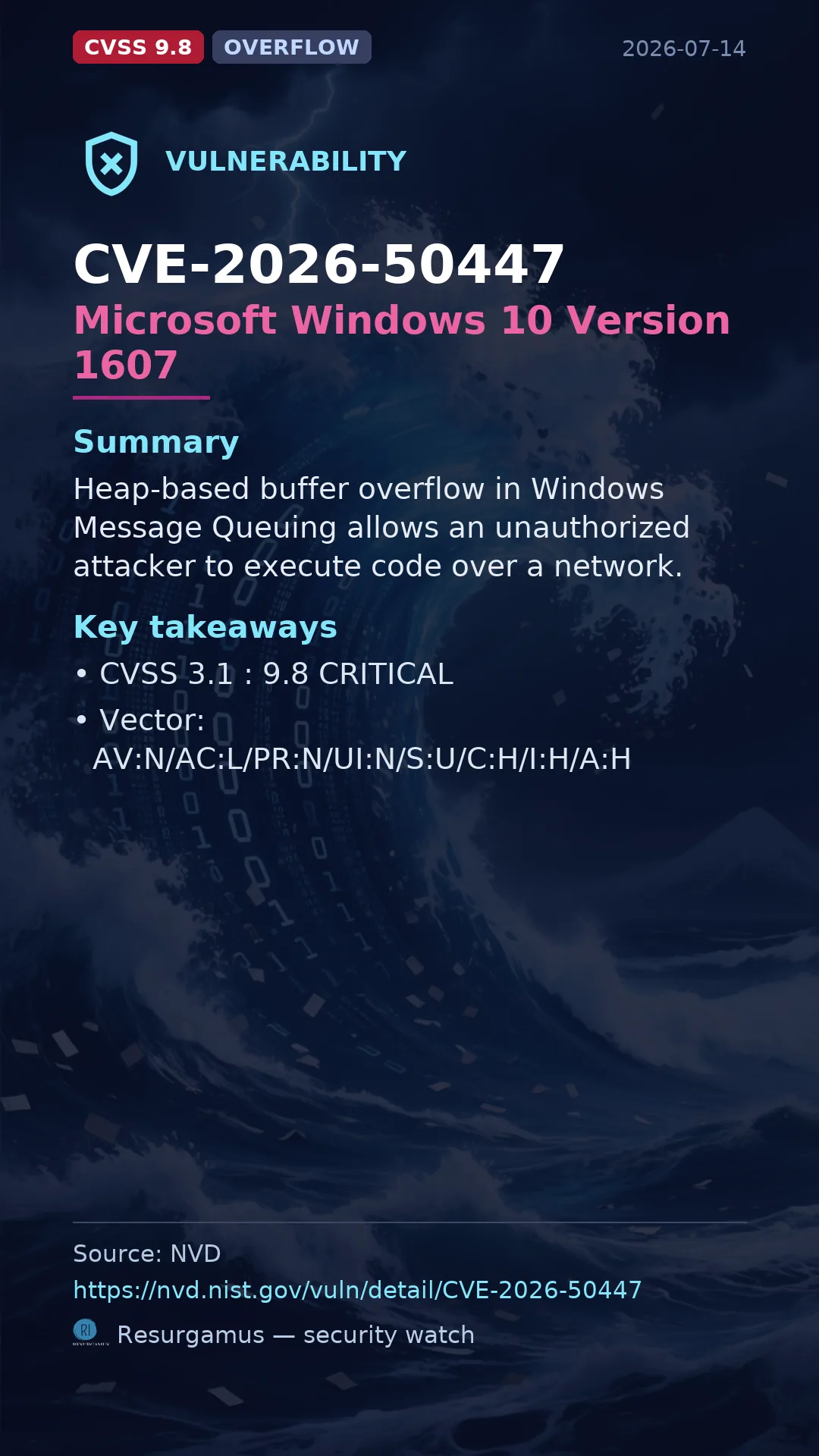 CVE-2026-50447 Microsoft Windows 10 Version 1607 Vulnerability