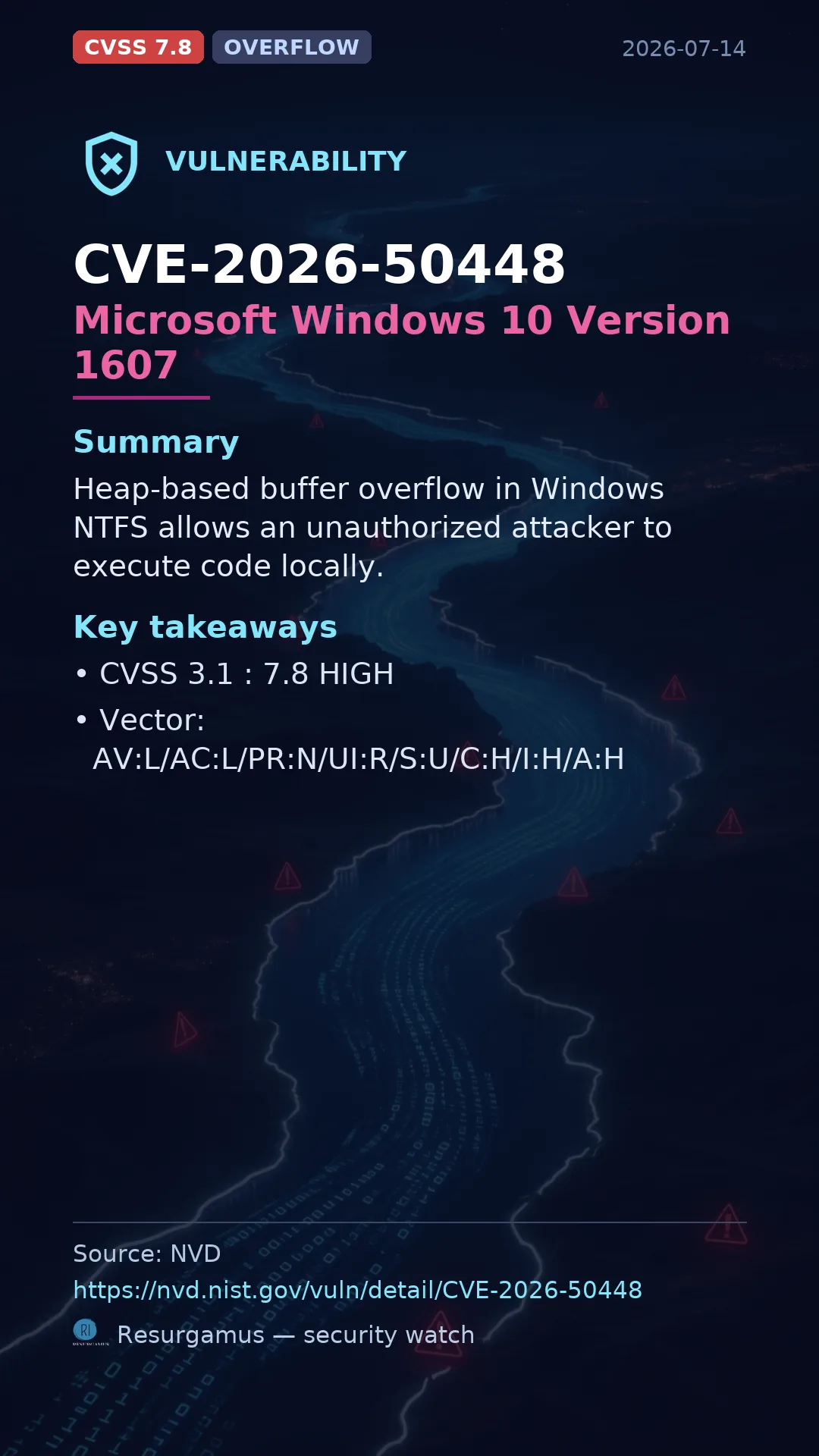 CVE-2026-50448 Microsoft Windows 10 Version 1607 Vulnerability