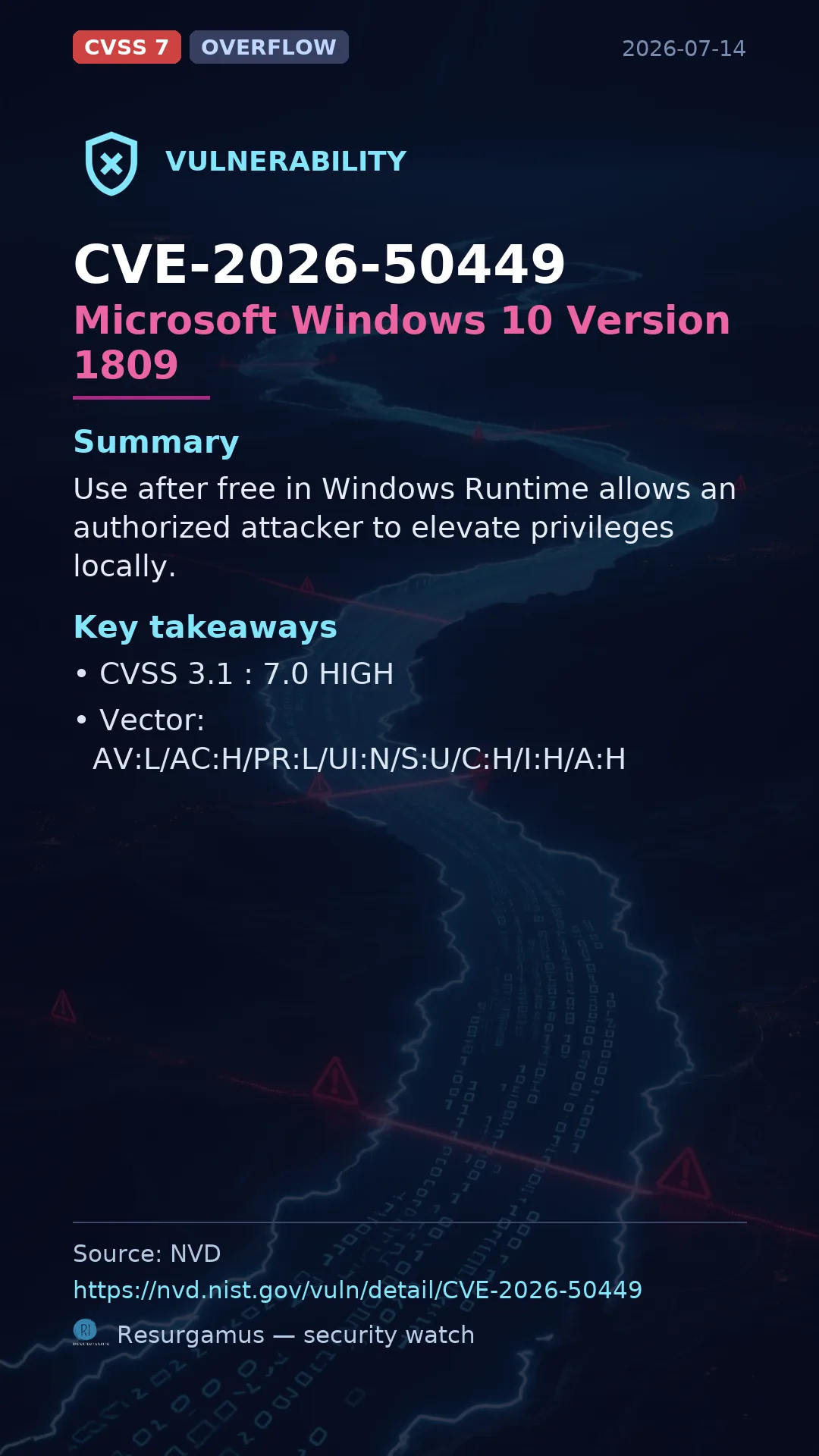 CVE-2026-50449 Microsoft Windows 10 Version 1809 Vulnerability