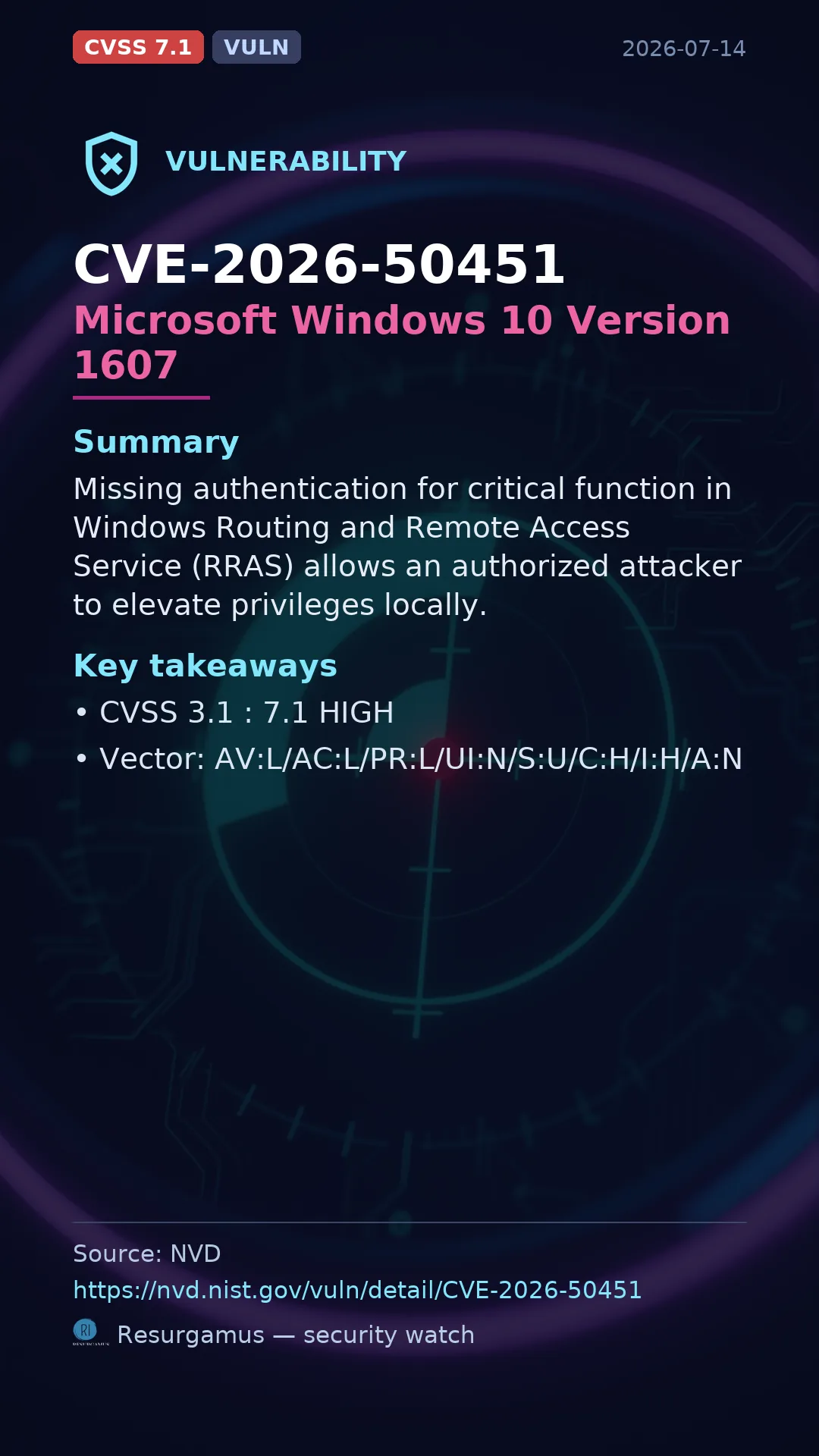 CVE-2026-50451 Microsoft Windows 10 Version 1607 Vulnerability