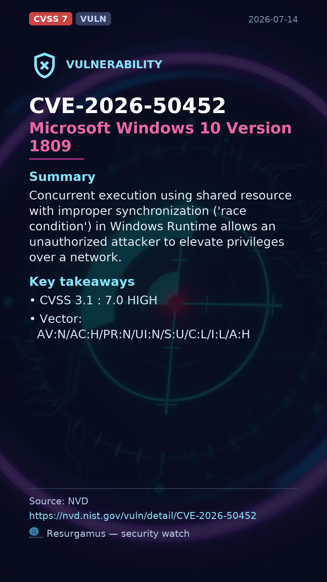 CVE-2026-50452 Microsoft Windows 10 Version 1809 Vulnerability