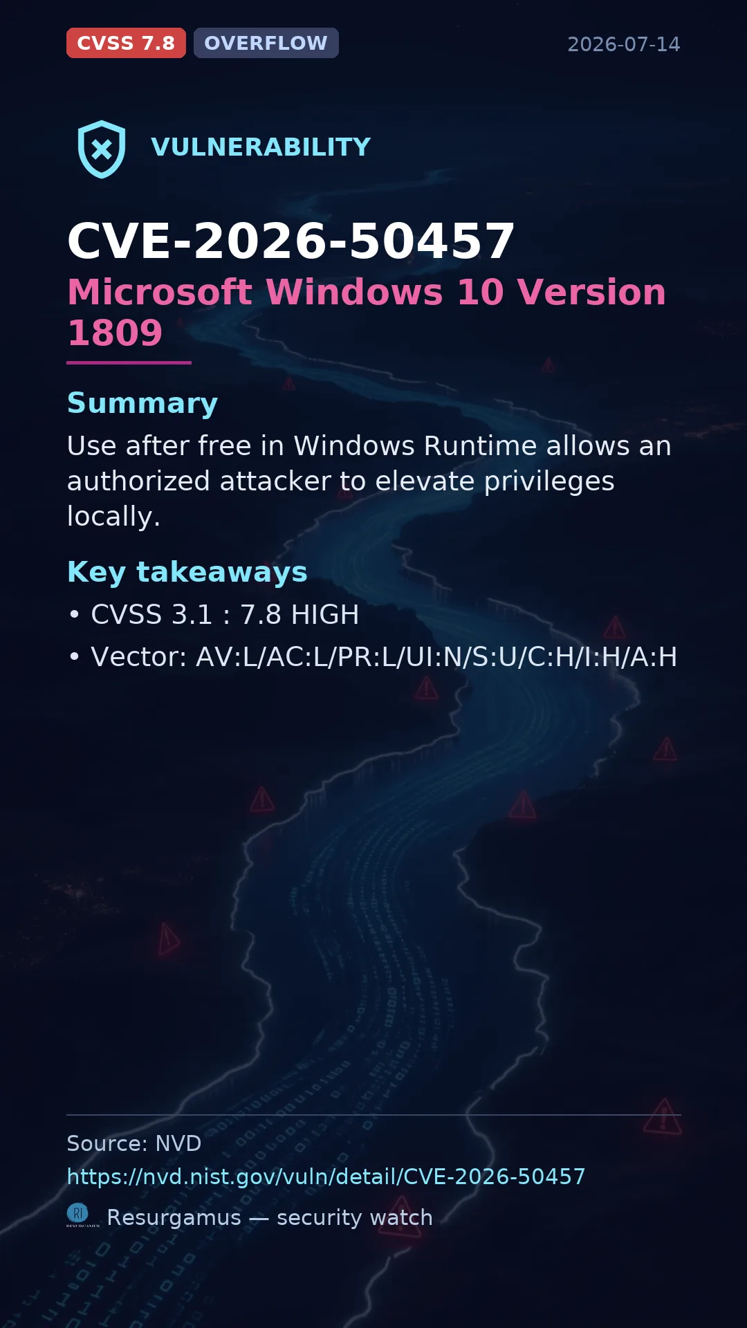 CVE-2026-50457 Microsoft Windows 10 Version 1809 Vulnerability