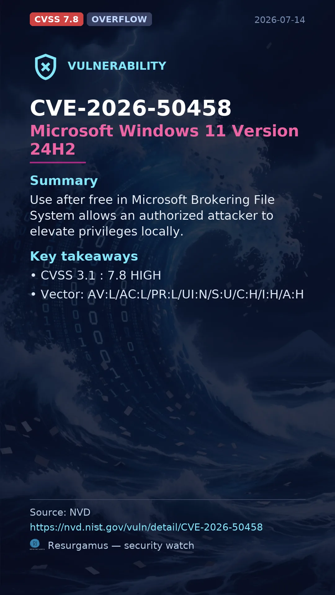 CVE-2026-50458 Microsoft Windows 11 Version 24H2 Vulnerability