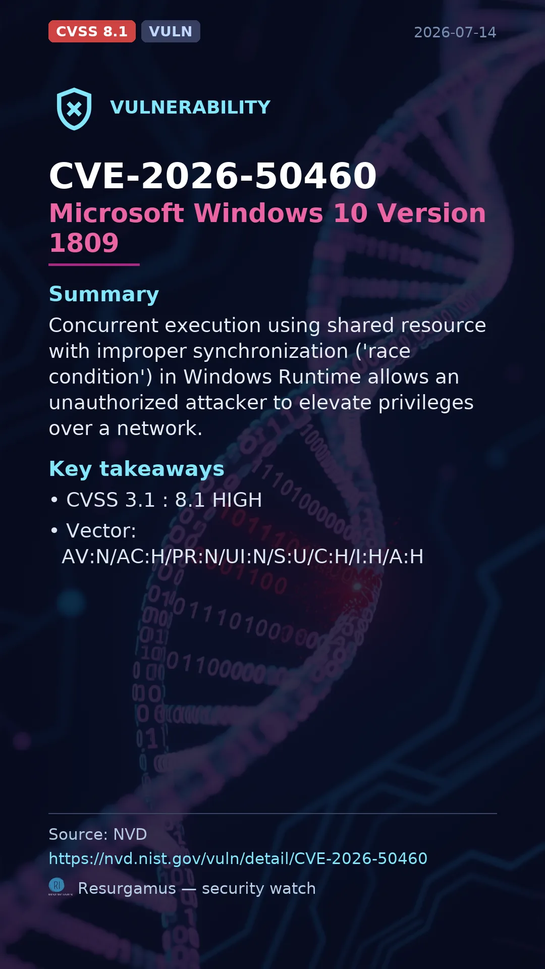 CVE-2026-50460 Microsoft Windows 10 Version 1809 Vulnerability
