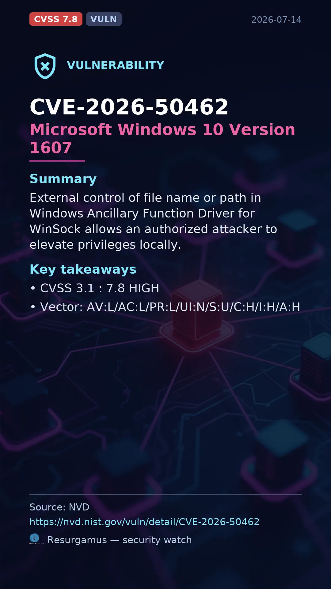 CVE-2026-50462 Microsoft Windows 10 Version 1607 Vulnerability