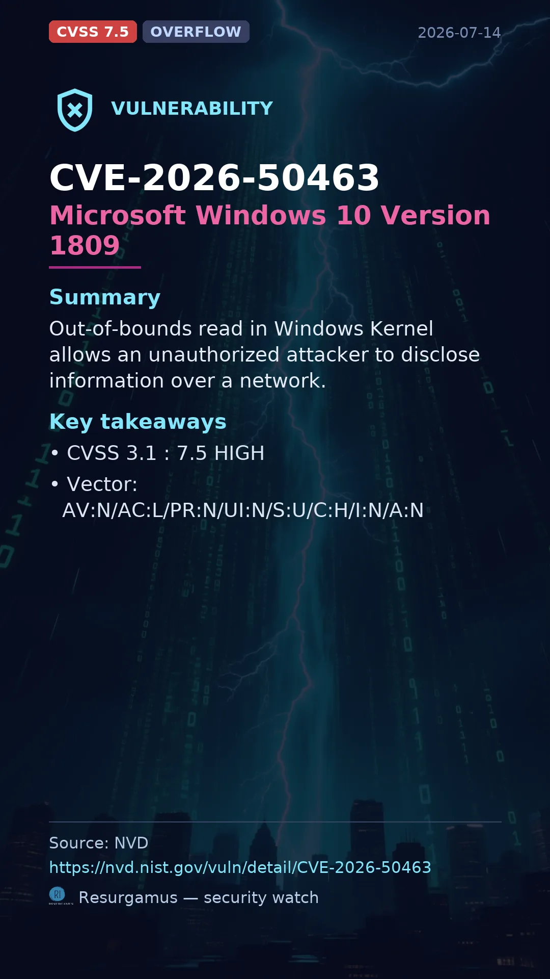 CVE-2026-50463 Microsoft Windows 10 Version 1809 Vulnerability