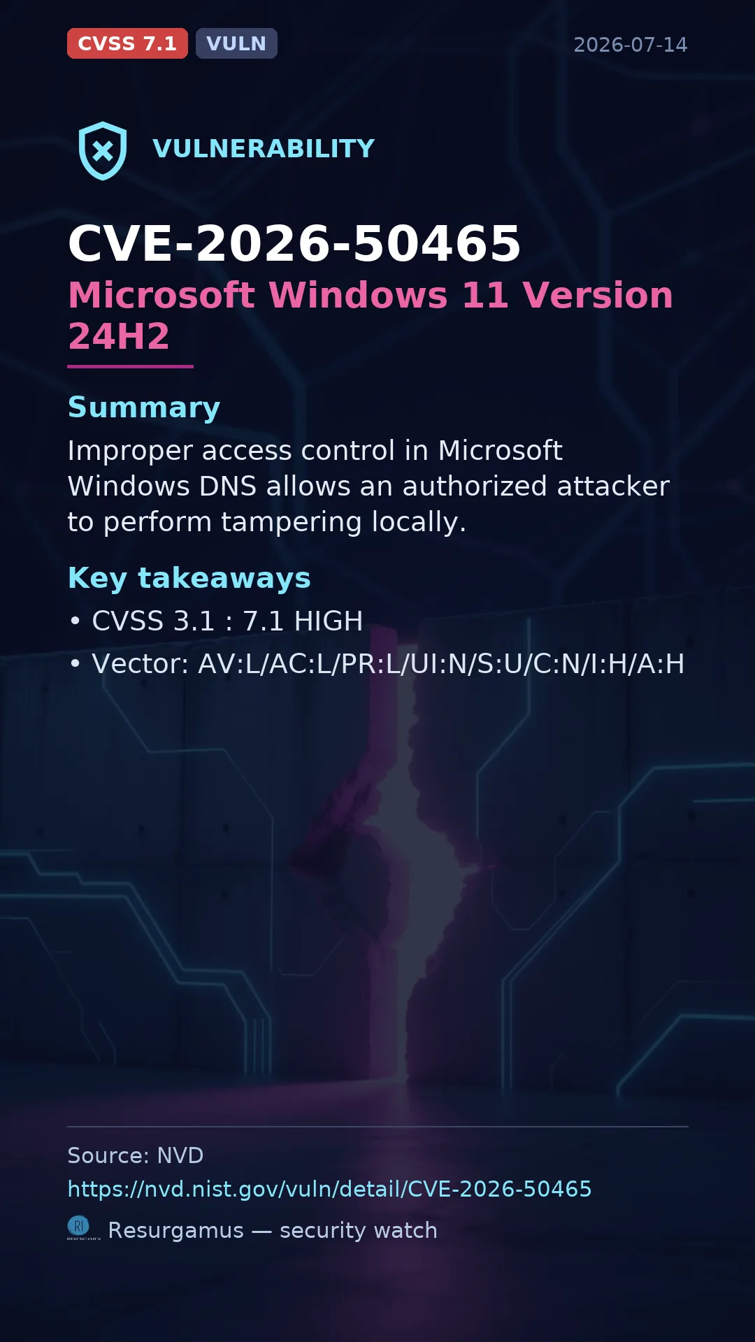 CVE-2026-50465 Microsoft Windows 11 Version 24H2 Vulnerability