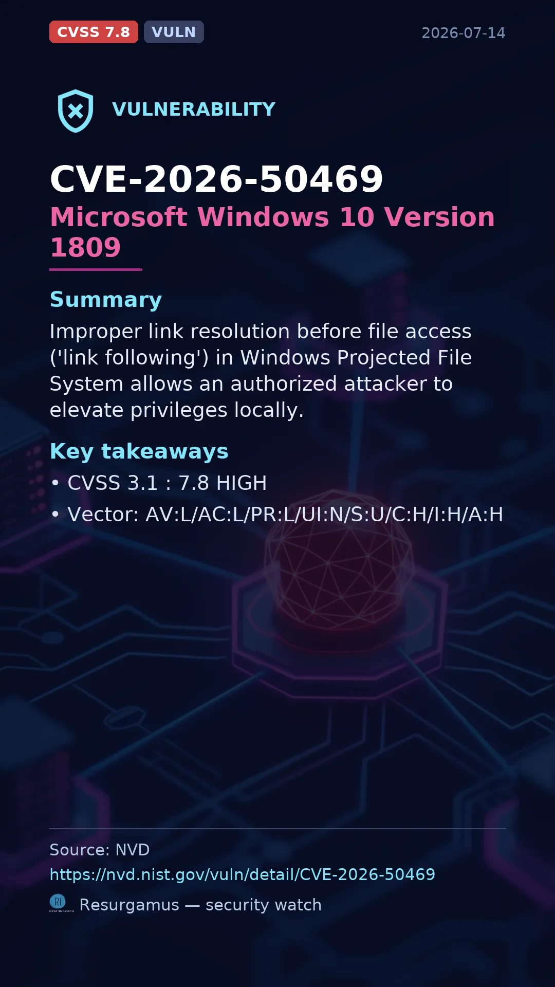 CVE-2026-50469 Microsoft Windows 10 Version 1809 Vulnerability