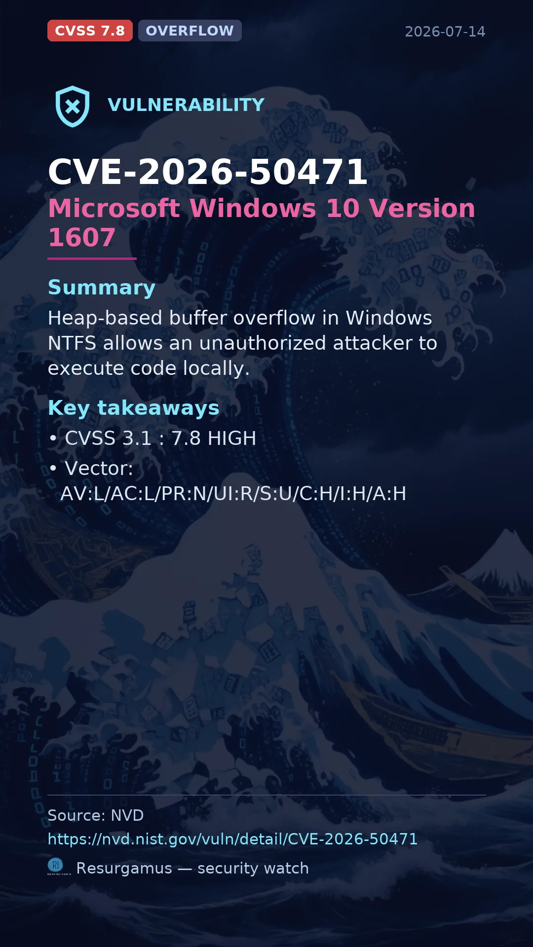 CVE-2026-50471 Microsoft Windows 10 Version 1607 Vulnerability