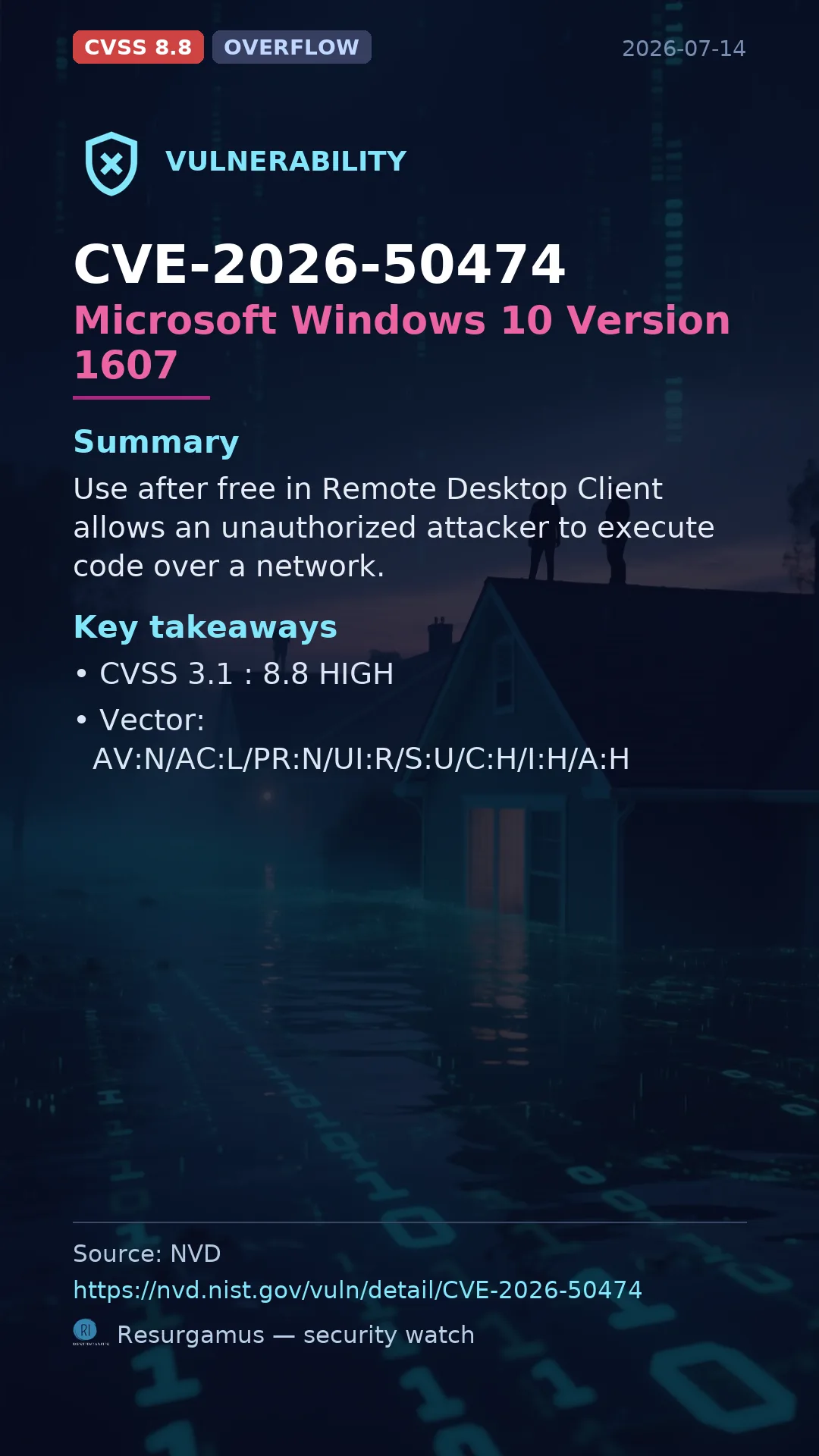 CVE-2026-50474 Microsoft Windows 10 Version 1607 Vulnerability
