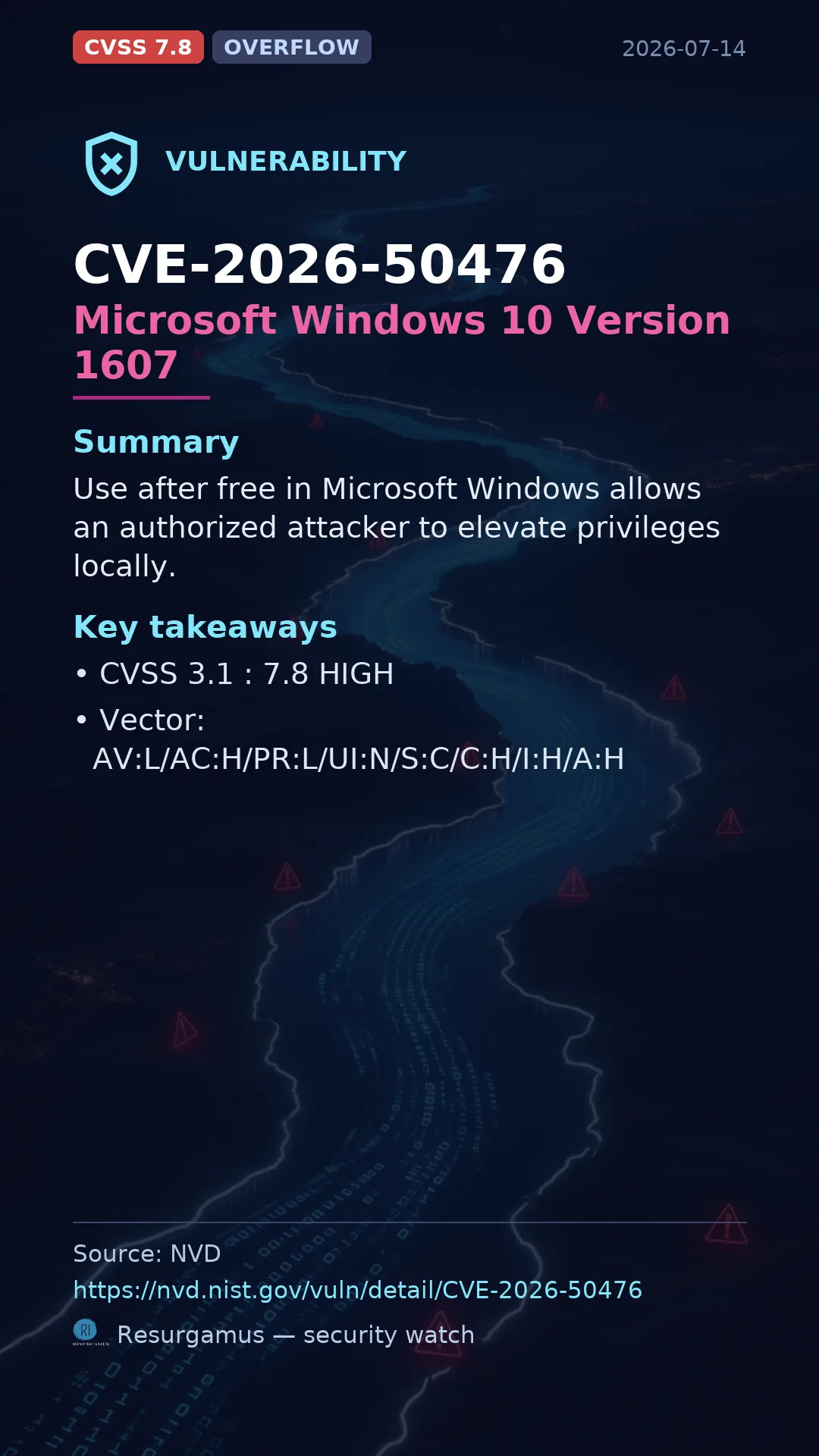 CVE-2026-50476 Microsoft Windows 10 Version 1607 Vulnerability