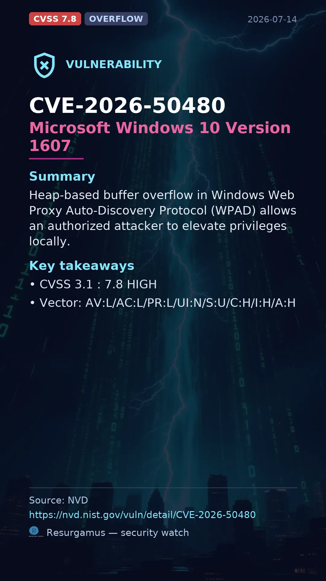 CVE-2026-50480 Microsoft Windows 10 Version 1607 Vulnerability