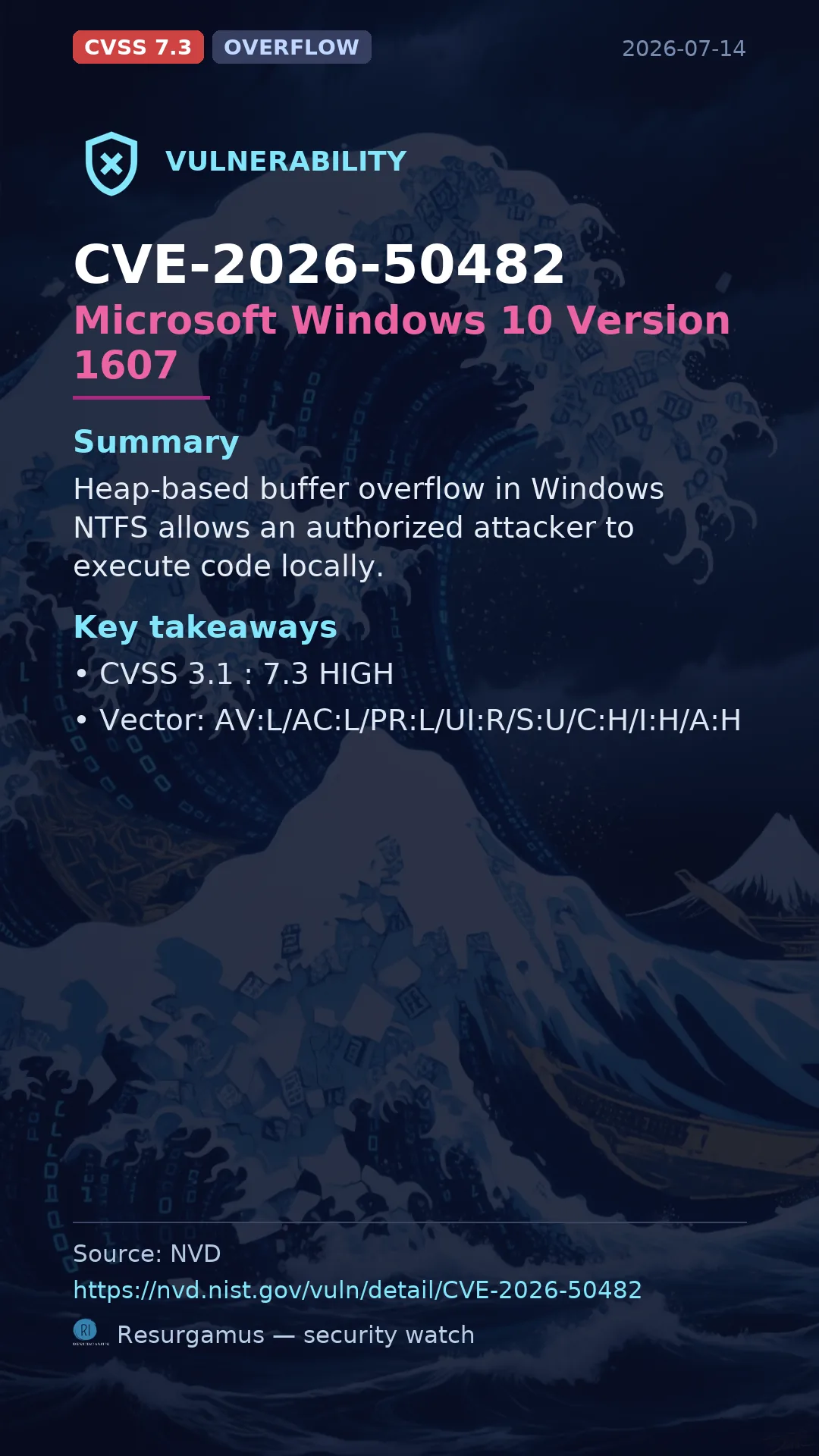 CVE-2026-50482 Microsoft Windows 10 Version 1607 Vulnerability