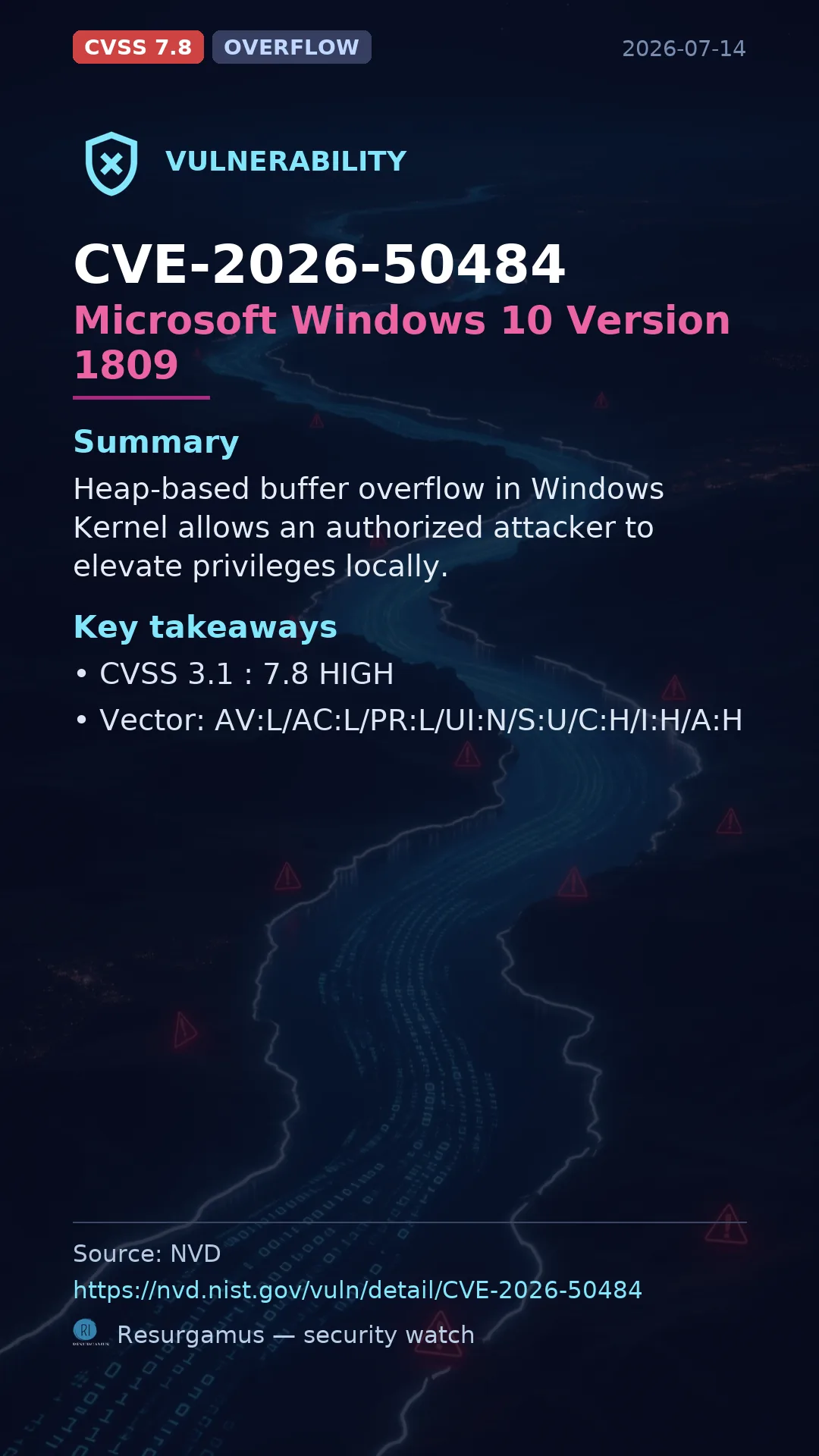CVE-2026-50484 Microsoft Windows 10 Version 1809 Vulnerability