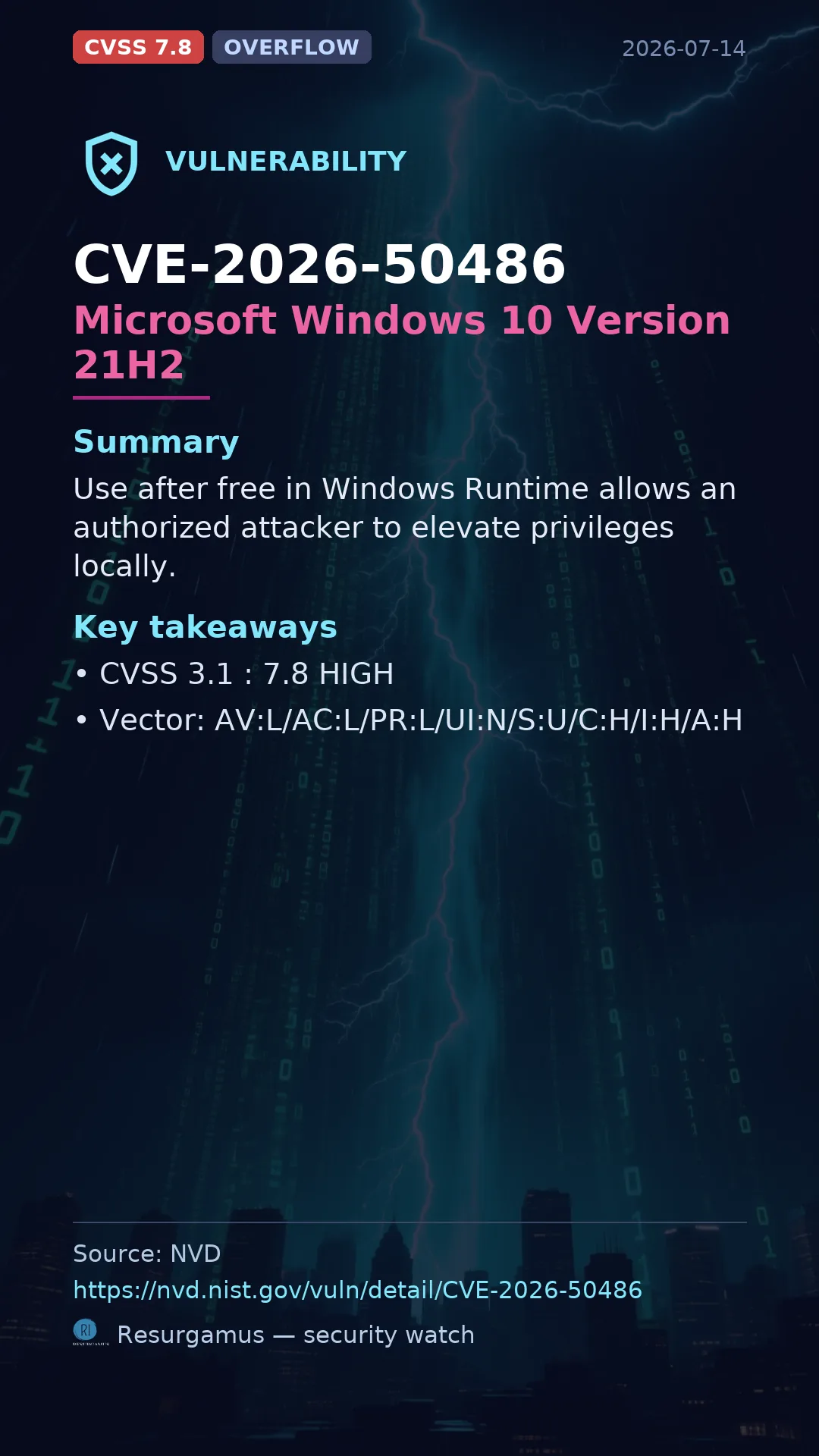 CVE-2026-50486 Microsoft Windows 10 Version 21H2 Vulnerability