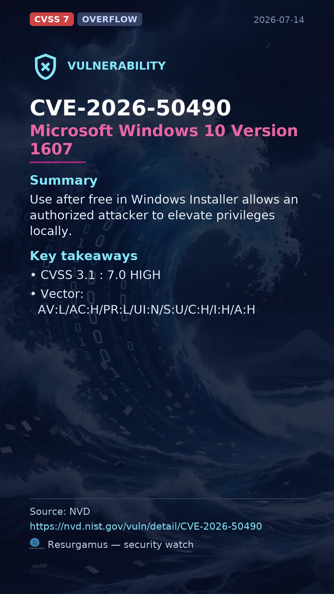 CVE-2026-50490 Microsoft Windows 10 Version 1607 Vulnerability