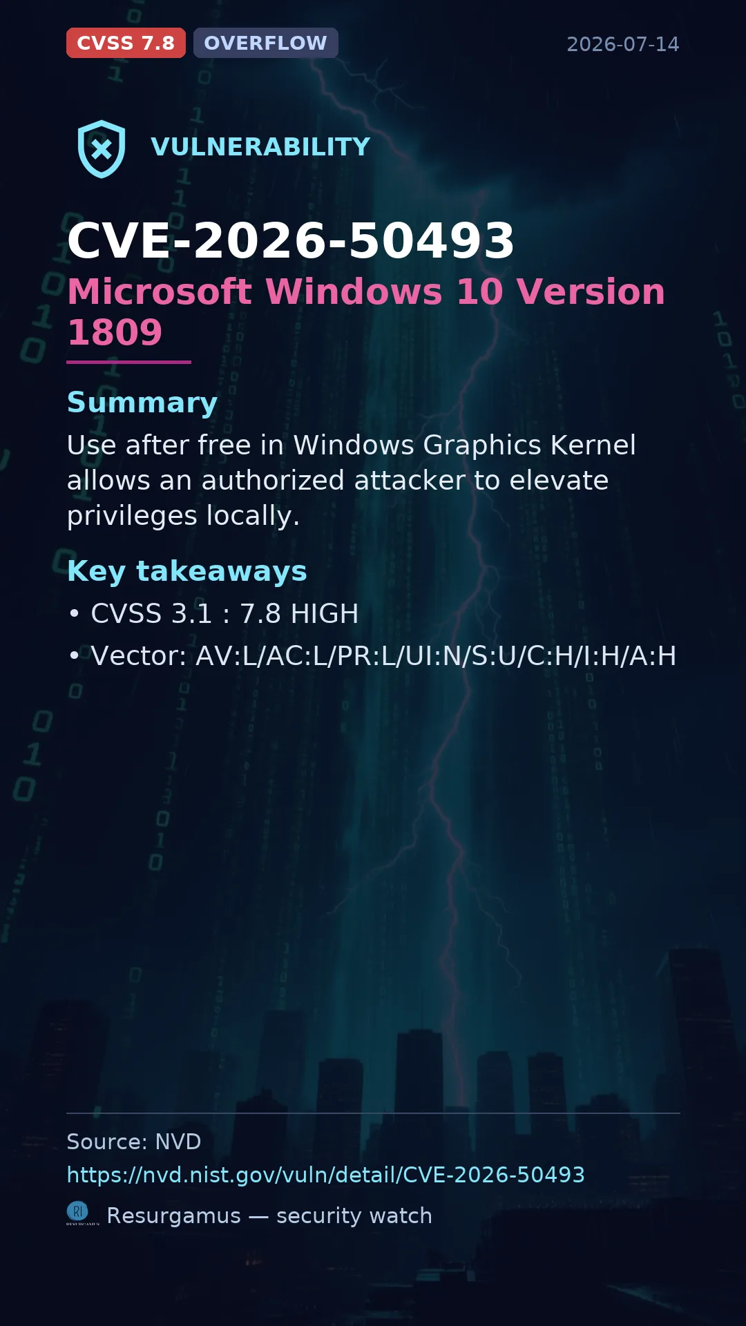 CVE-2026-50493 Microsoft Windows 10 Version 1809 Vulnerability