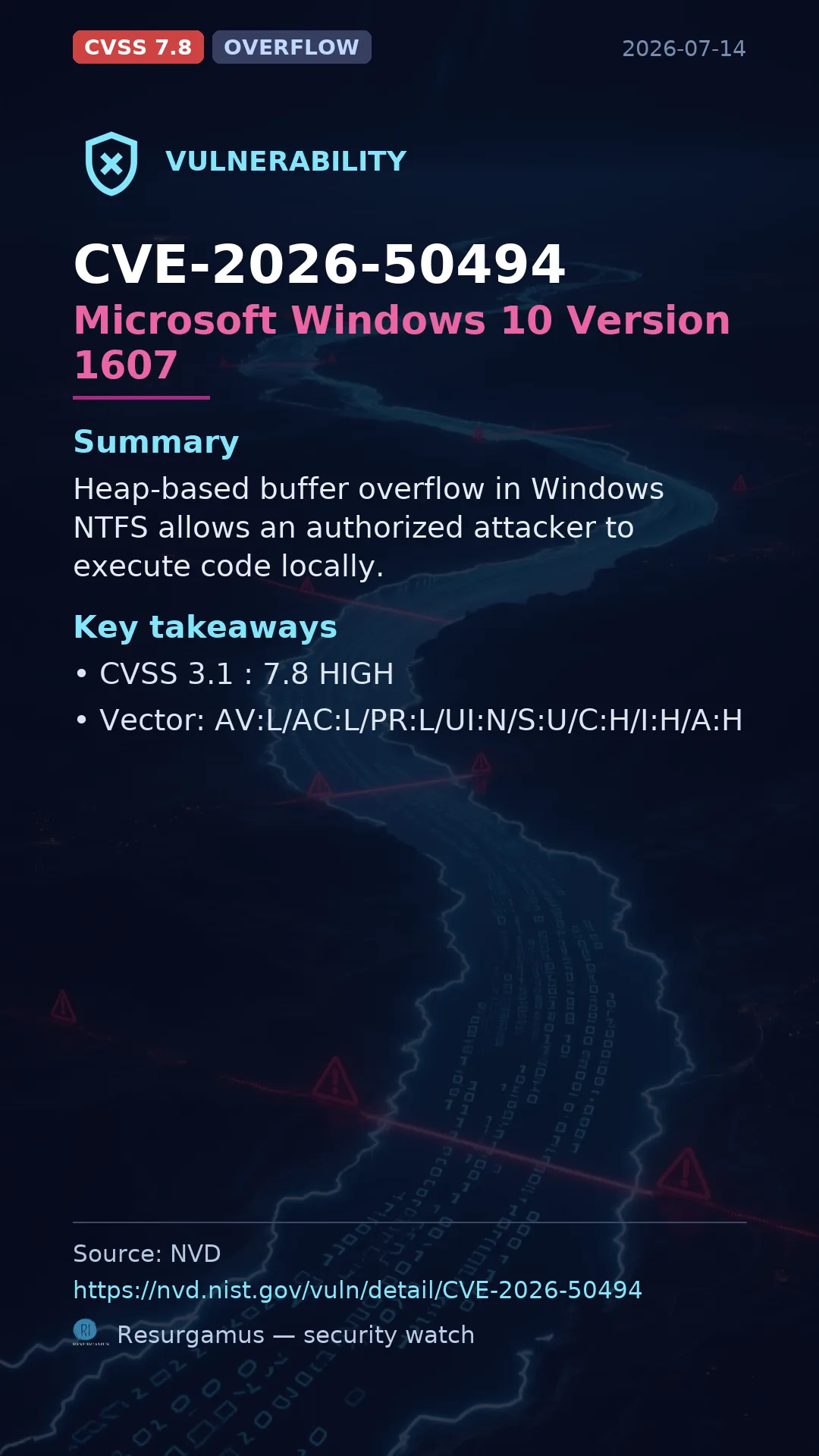 CVE-2026-50494 Microsoft Windows 10 Version 1607 Vulnerability