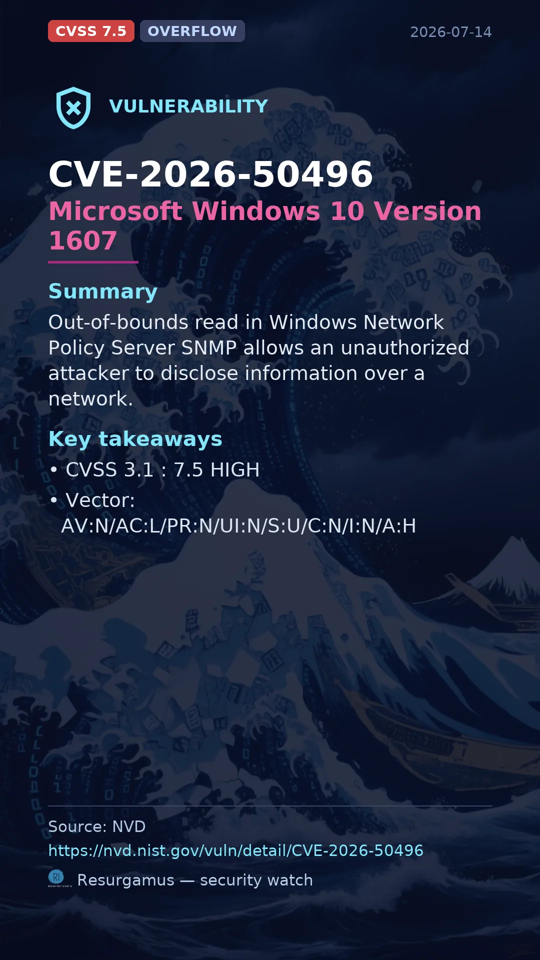 CVE-2026-50496 Microsoft Windows 10 Version 1607 Vulnerability