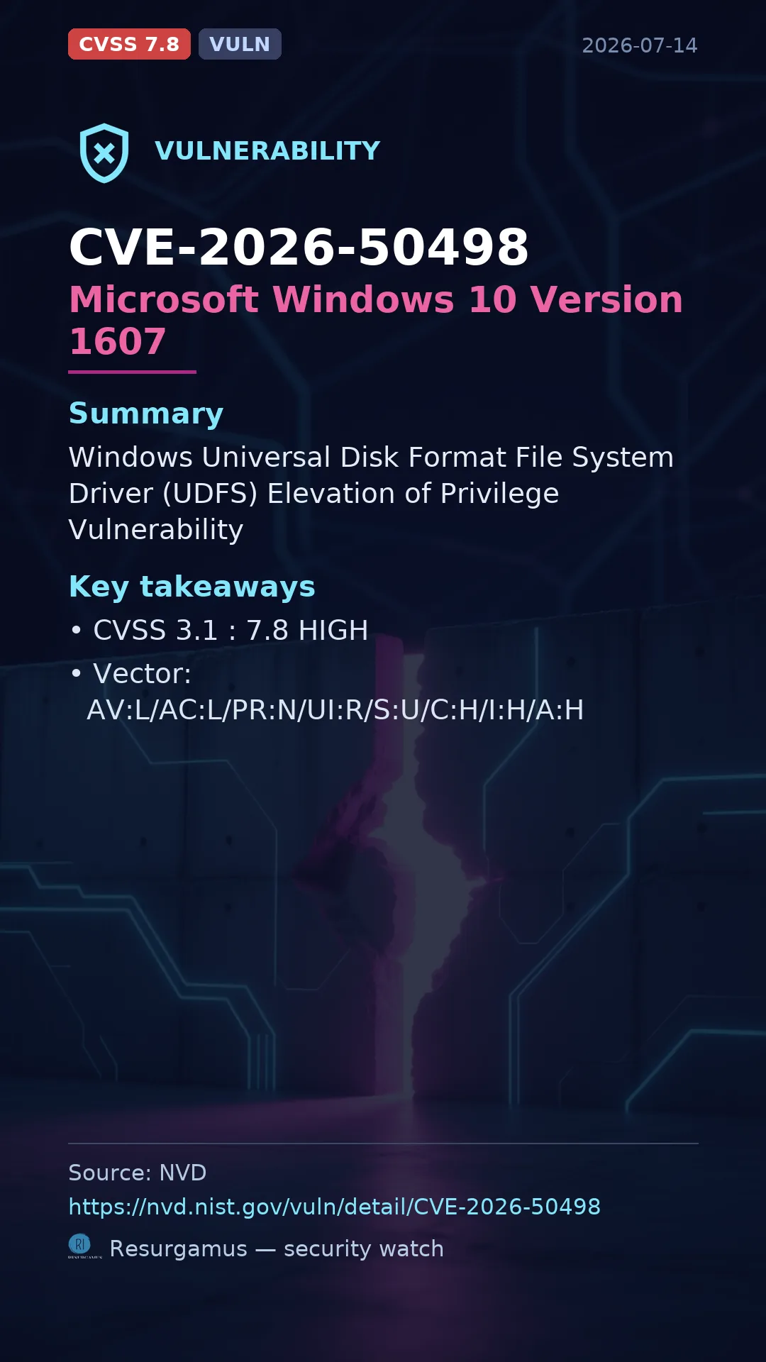 CVE-2026-50498 Microsoft Windows 10 Version 1607 Vulnerability