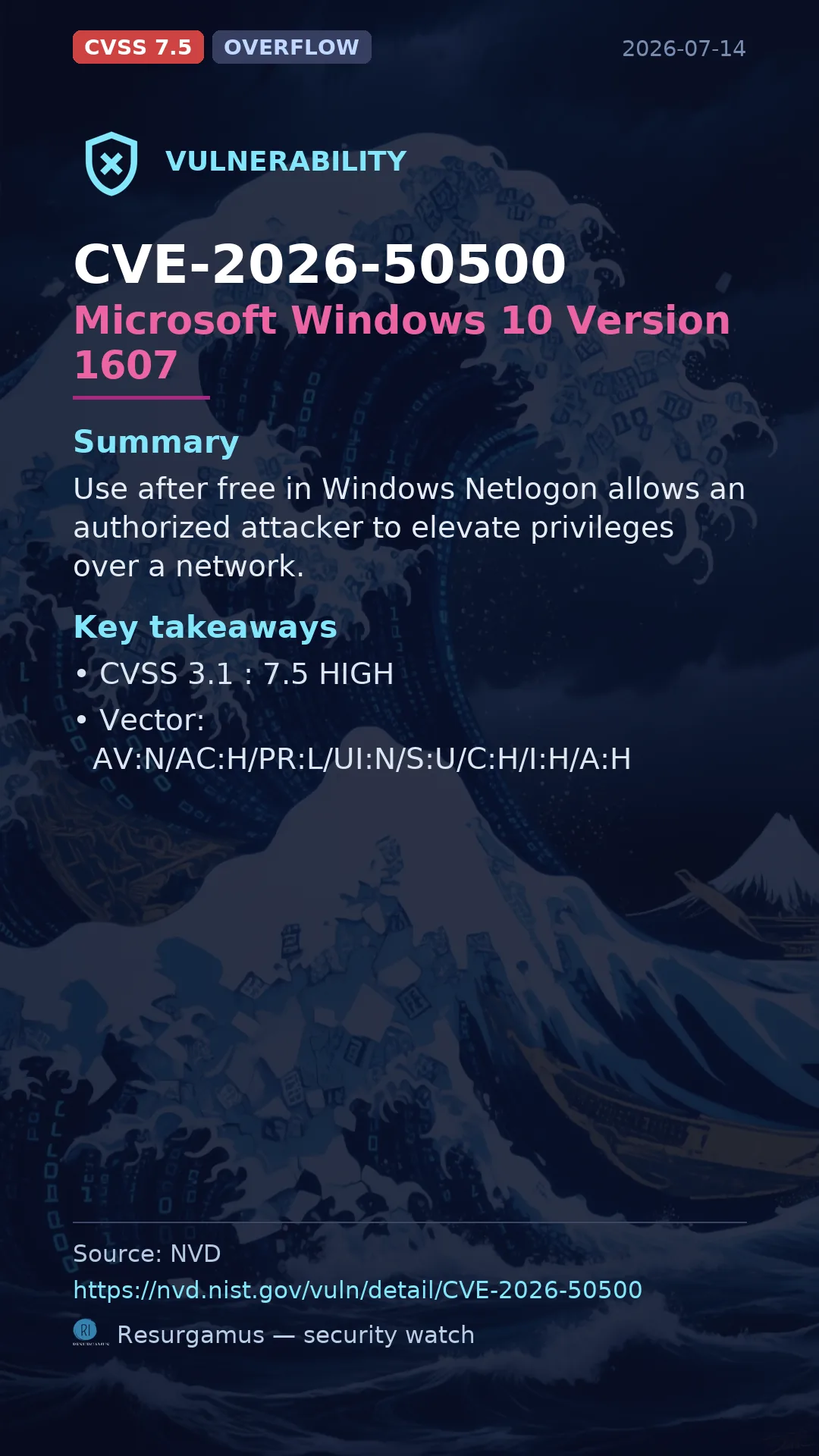 CVE-2026-50500 Microsoft Windows 10 Version 1607 Vulnerability