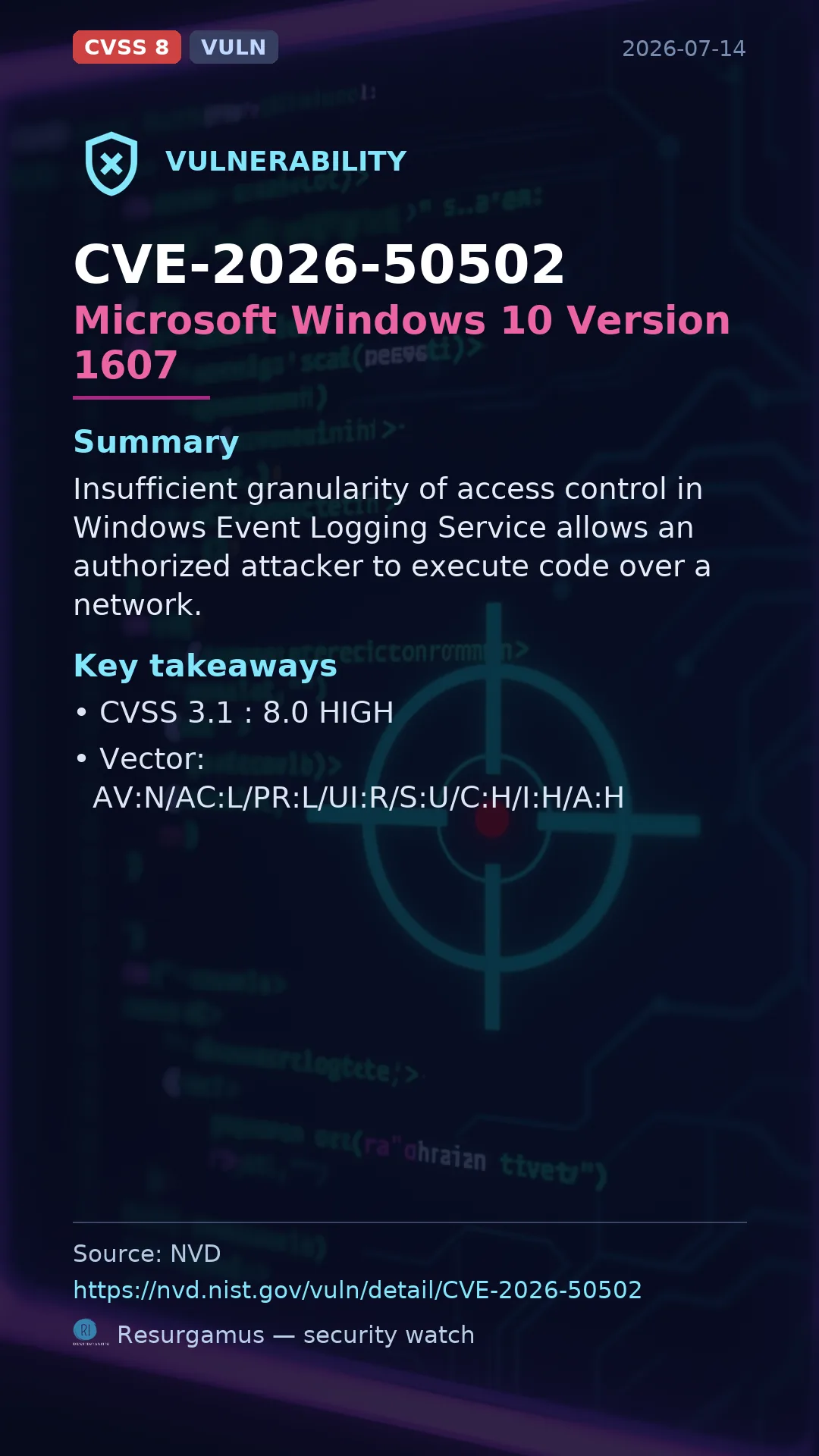 CVE-2026-50502 Microsoft Windows 10 Version 1607 Vulnerability