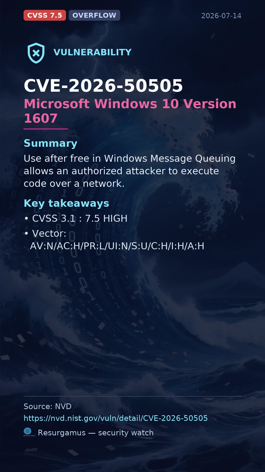 CVE-2026-50505 Microsoft Windows 10 Version 1607 Vulnerability