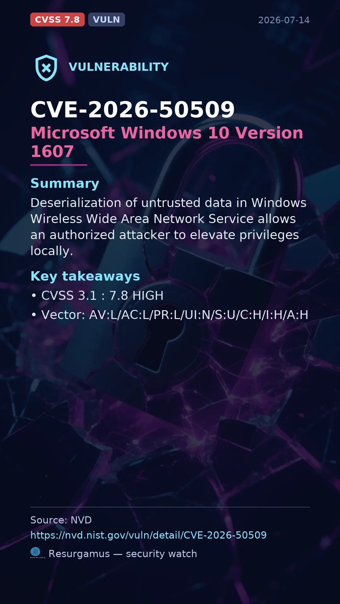 CVE-2026-50509 Microsoft Windows 10 Version 1607 Vulnerability