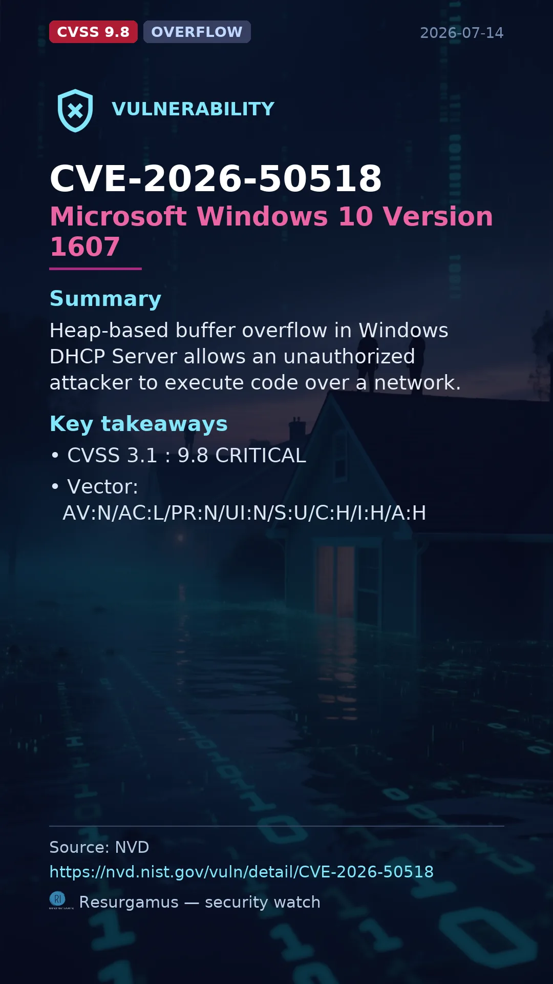 CVE-2026-50518 Microsoft Windows 10 Version 1607 Vulnerability