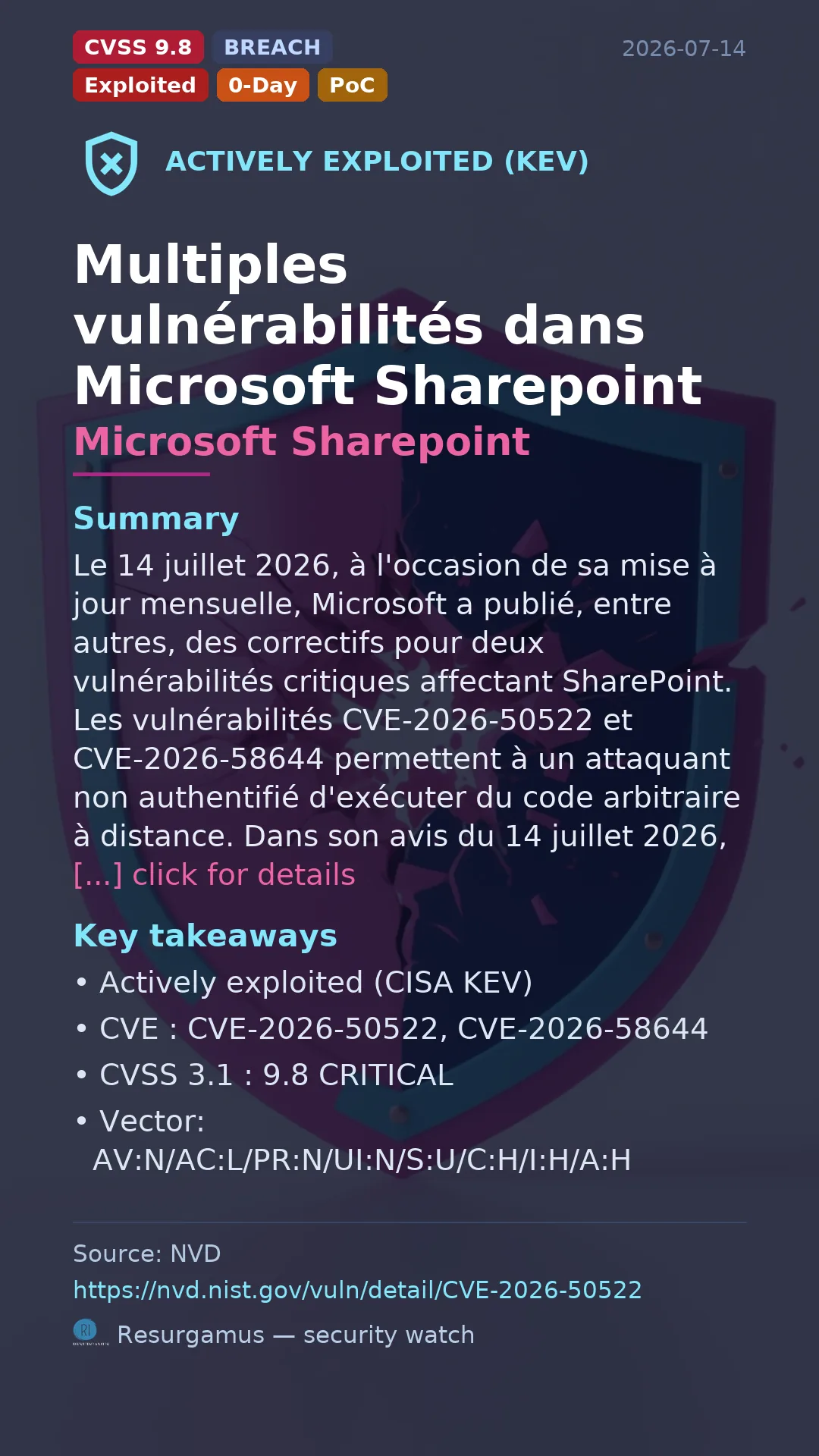 CVE-2026-50522 - Microsoft Sharepoint - actively exploited (KEV) vulnerability