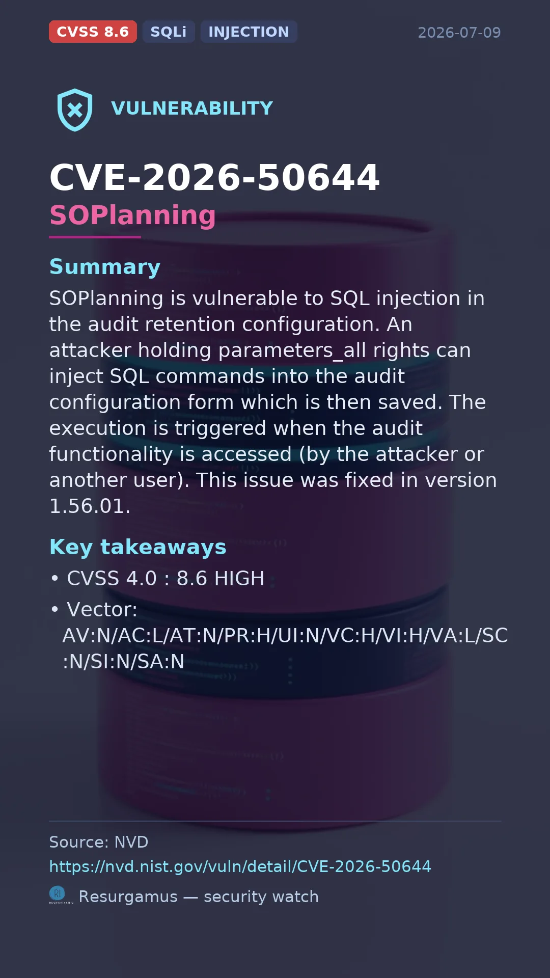 CVE-2026-50644 SOPlanning Vulnerability