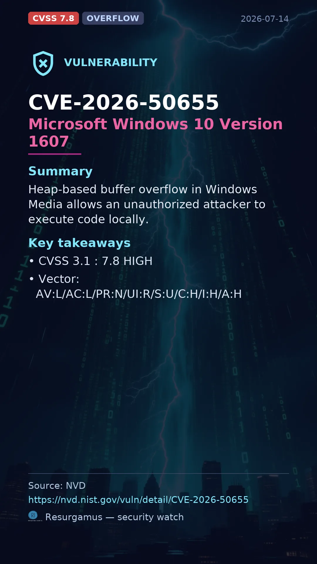 CVE-2026-50655 Microsoft Windows 10 Version 1607 Vulnerability