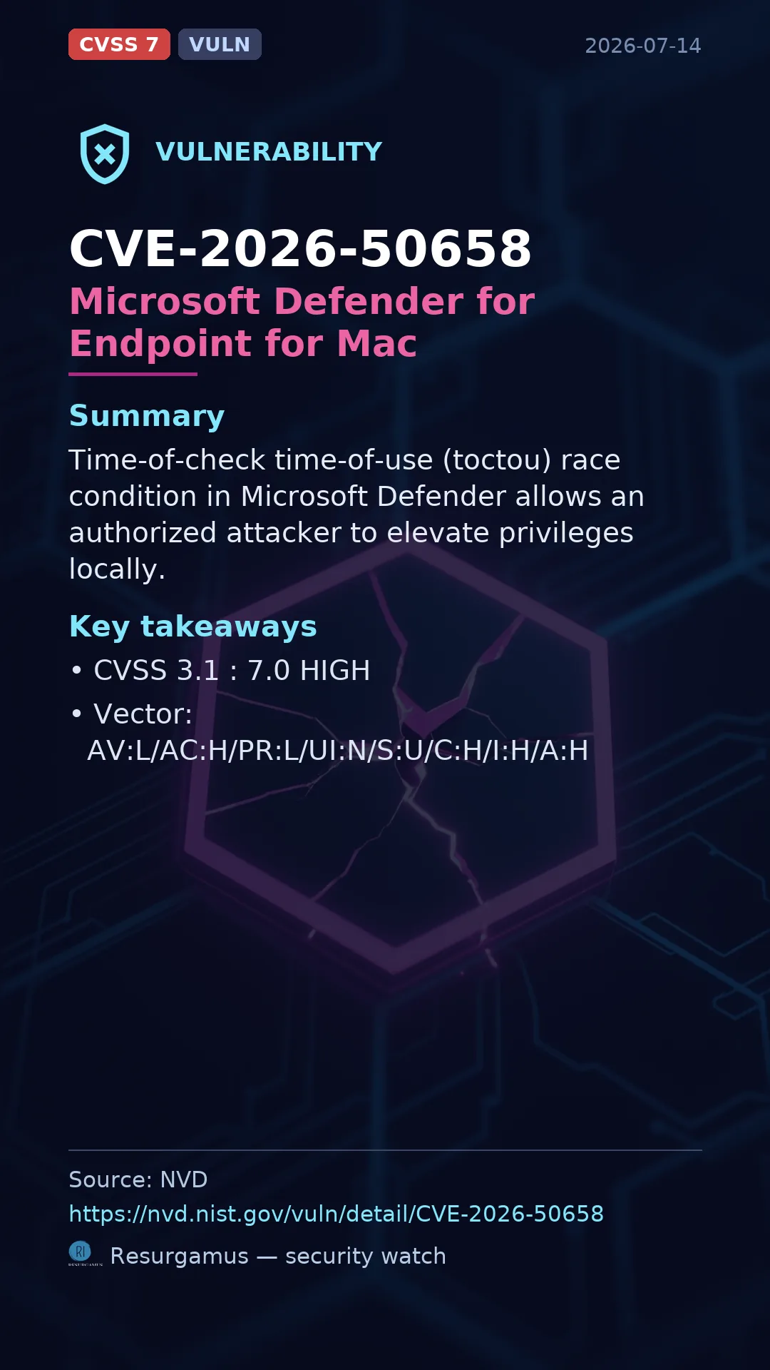 CVE-2026-50658 Microsoft Defender for Endpoint for Mac Vulnerability