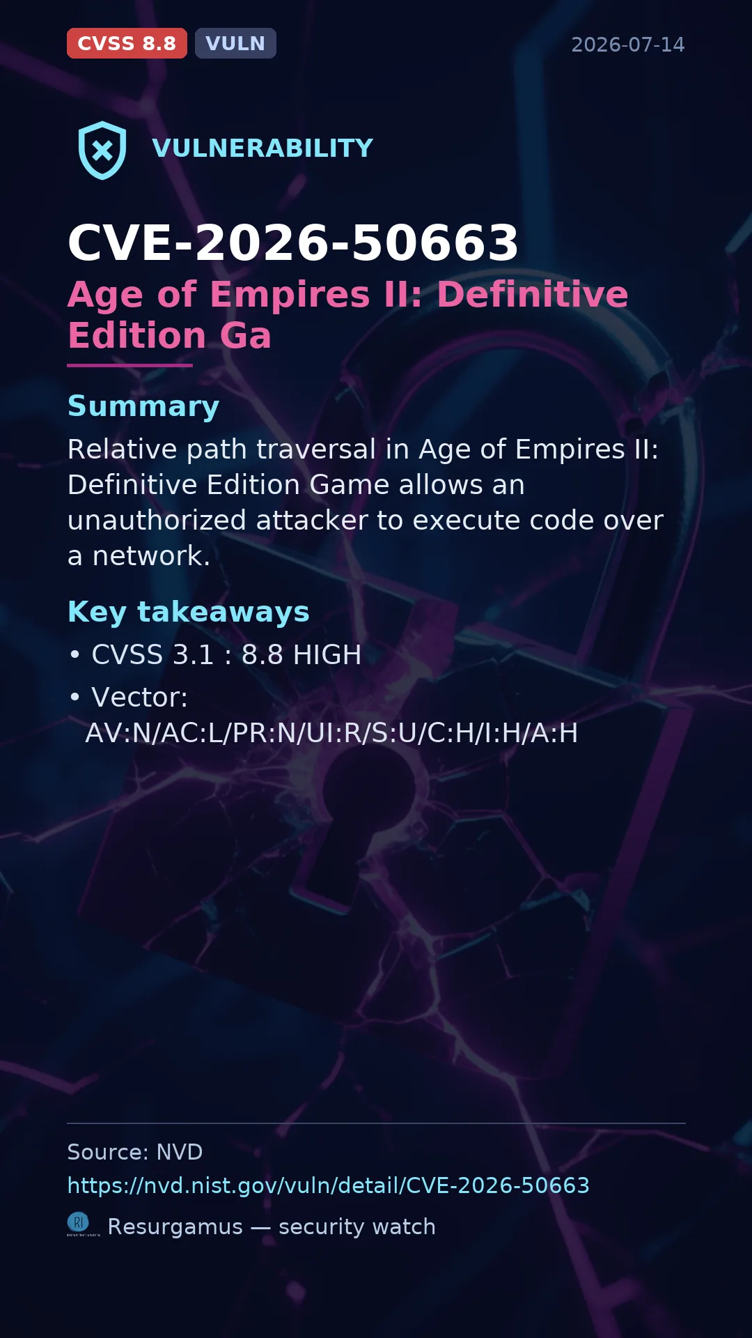 CVE-2026-50663 Age of Empires II: Definitive Edition Ga Vulnerability