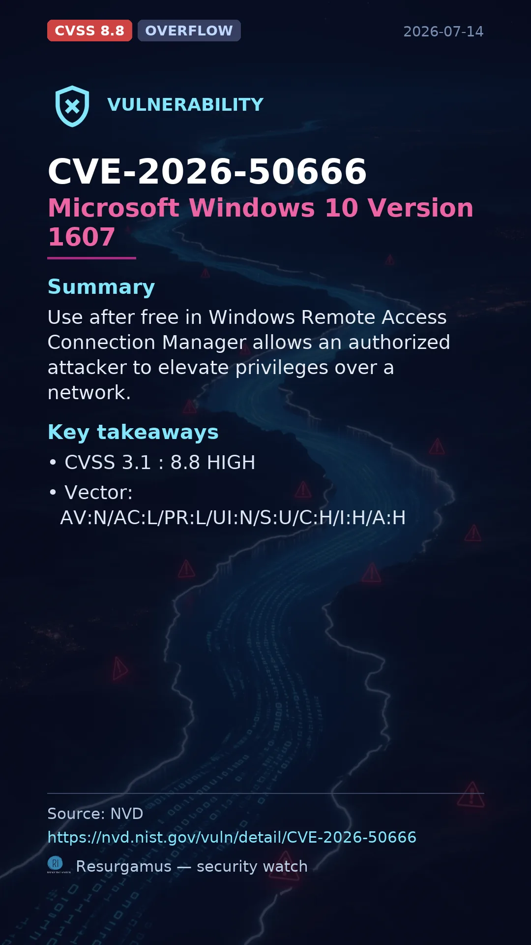 CVE-2026-50666 Microsoft Windows 10 Version 1607 Vulnerability