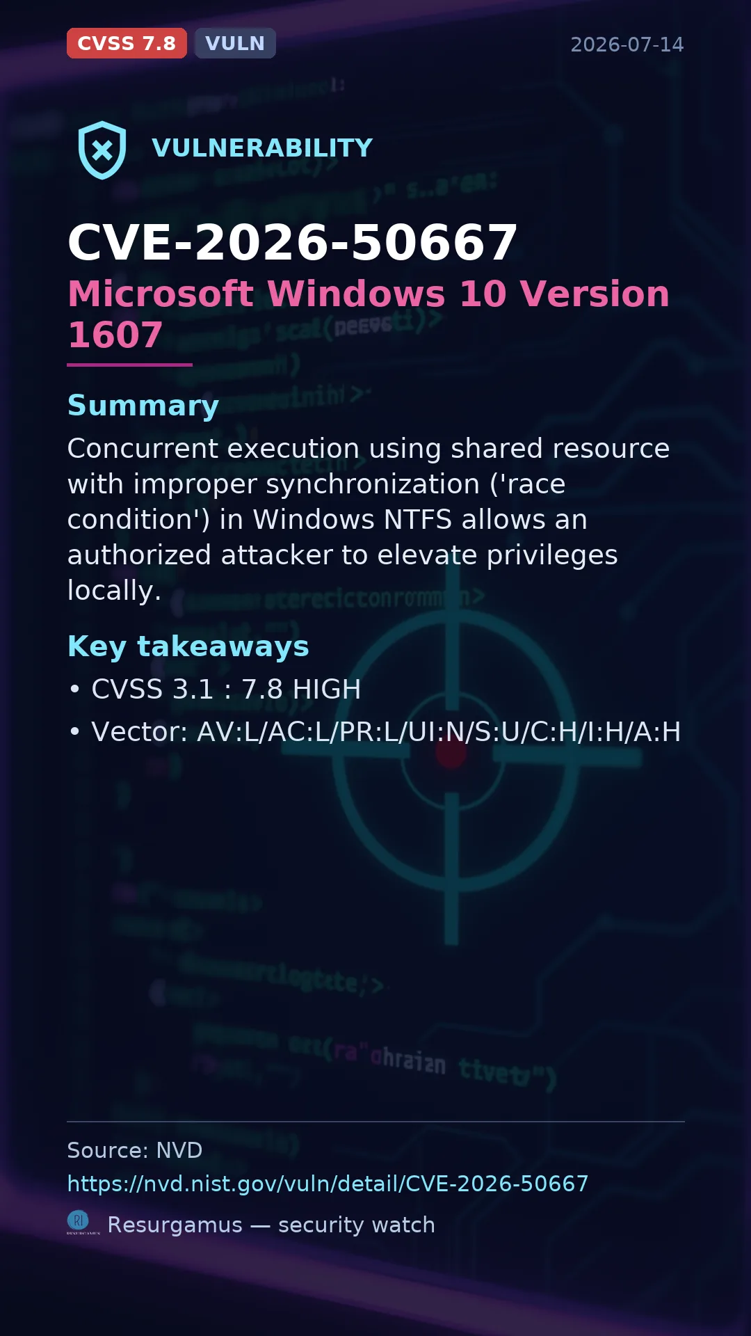 CVE-2026-50667 Microsoft Windows 10 Version 1607 Vulnerability