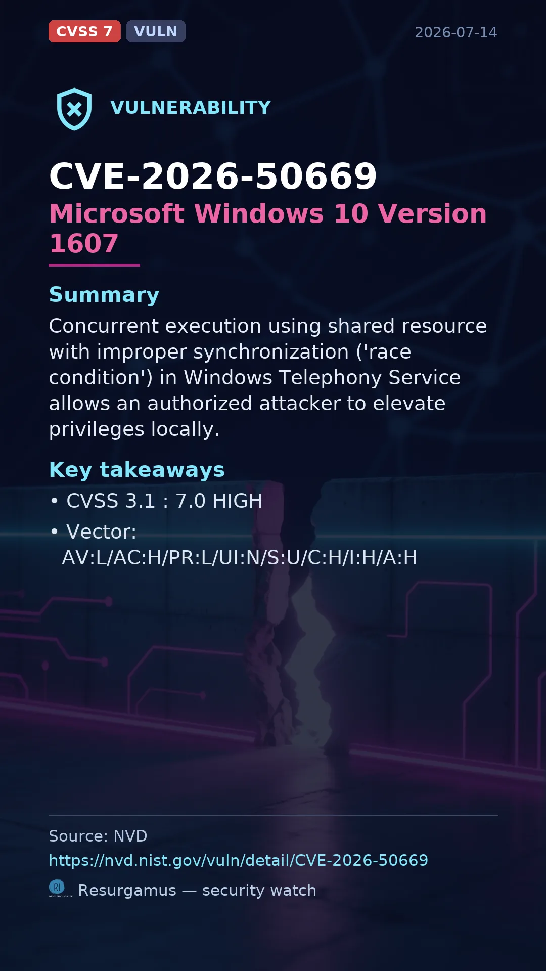 CVE-2026-50669 Microsoft Windows 10 Version 1607 Vulnerability