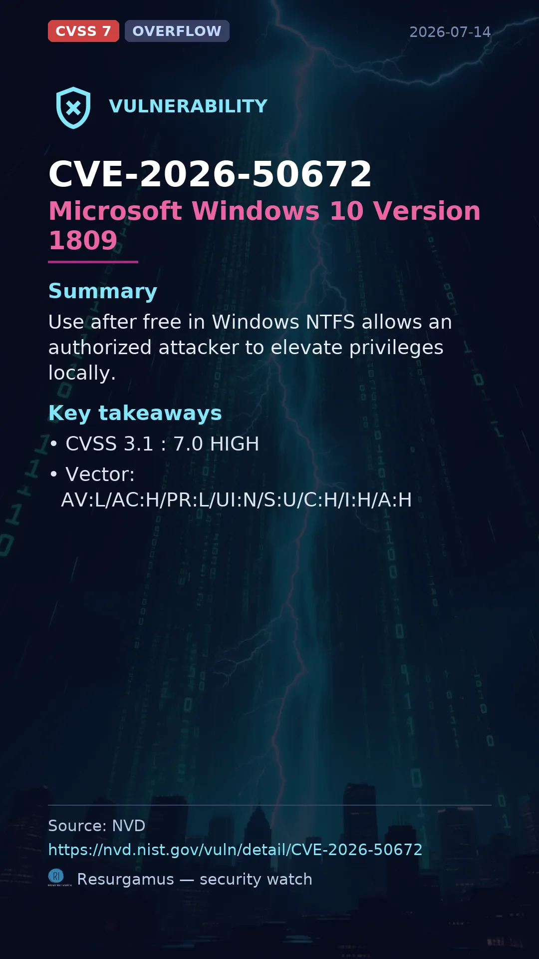 CVE-2026-50672 Microsoft Windows 10 Version 1809 Vulnerability
