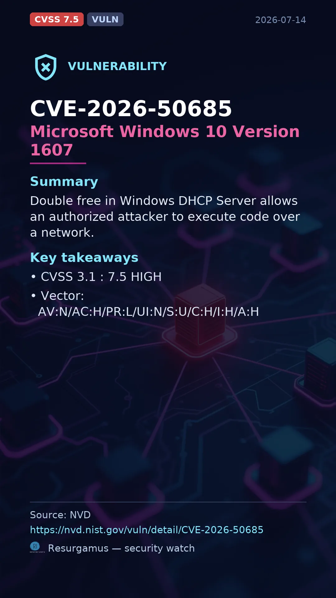 CVE-2026-50685 Microsoft Windows 10 Version 1607 Vulnerability