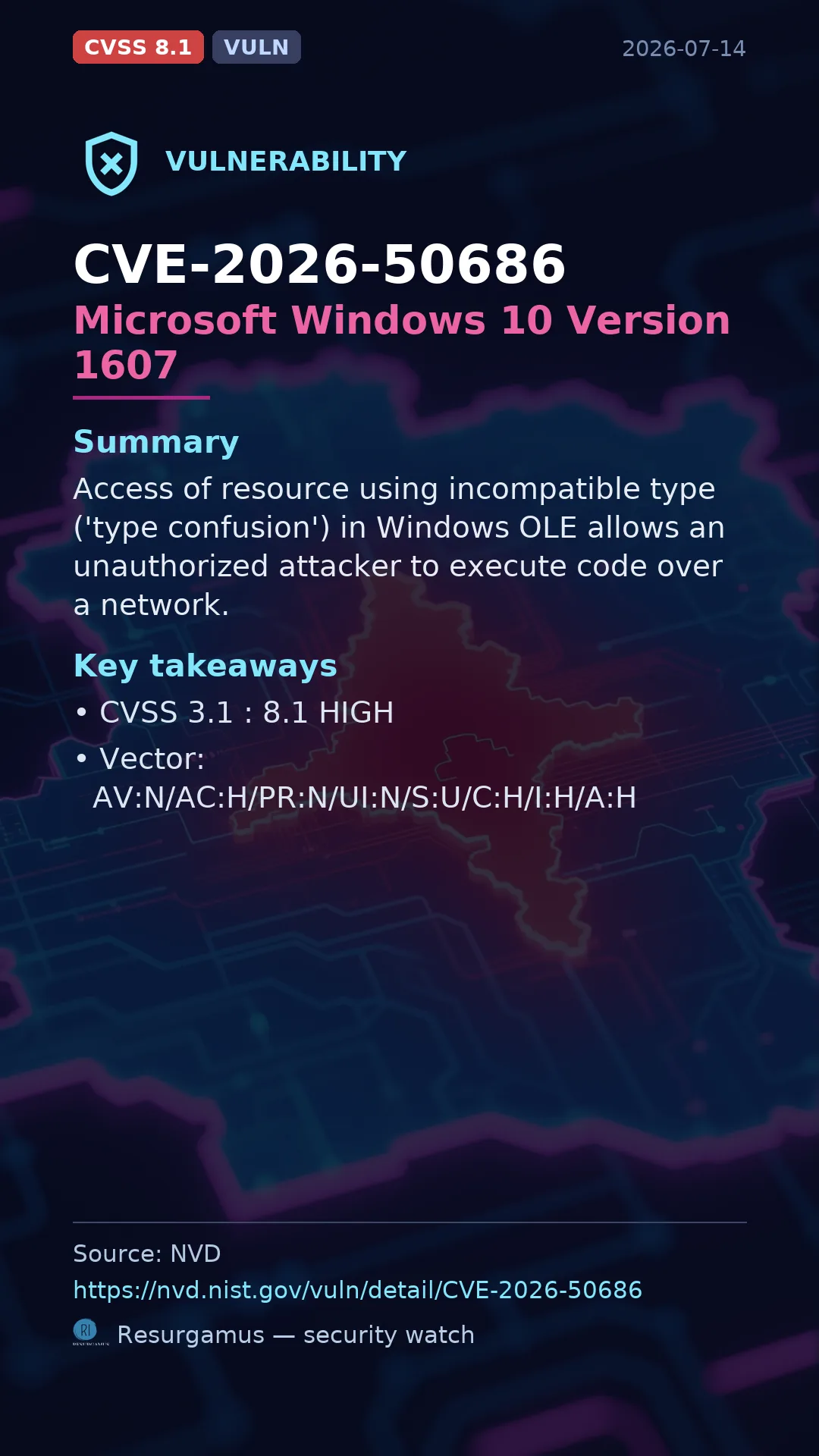 CVE-2026-50686 Microsoft Windows 10 Version 1607 Vulnerability