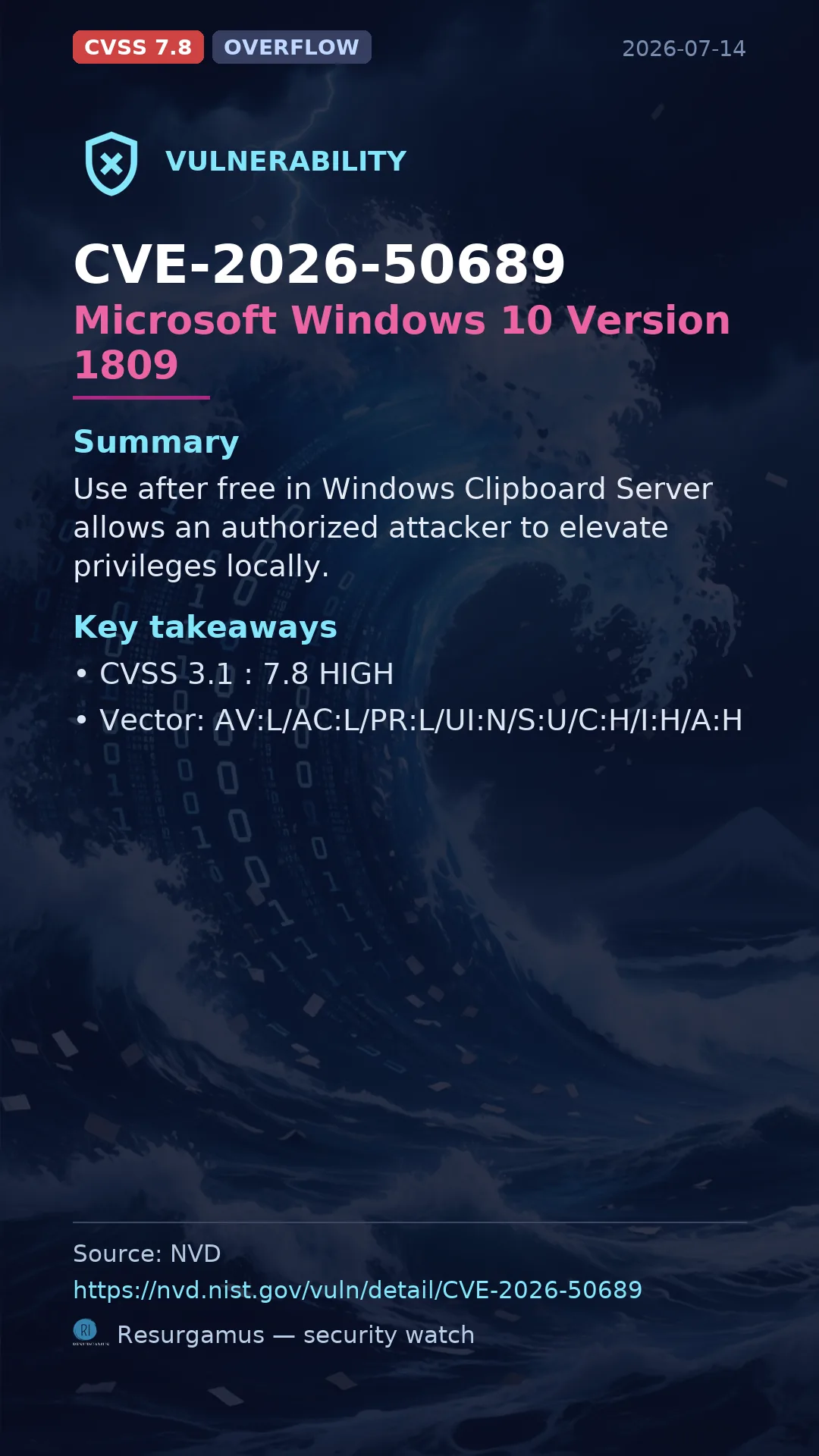 CVE-2026-50689 Microsoft Windows 10 Version 1809 Vulnerability