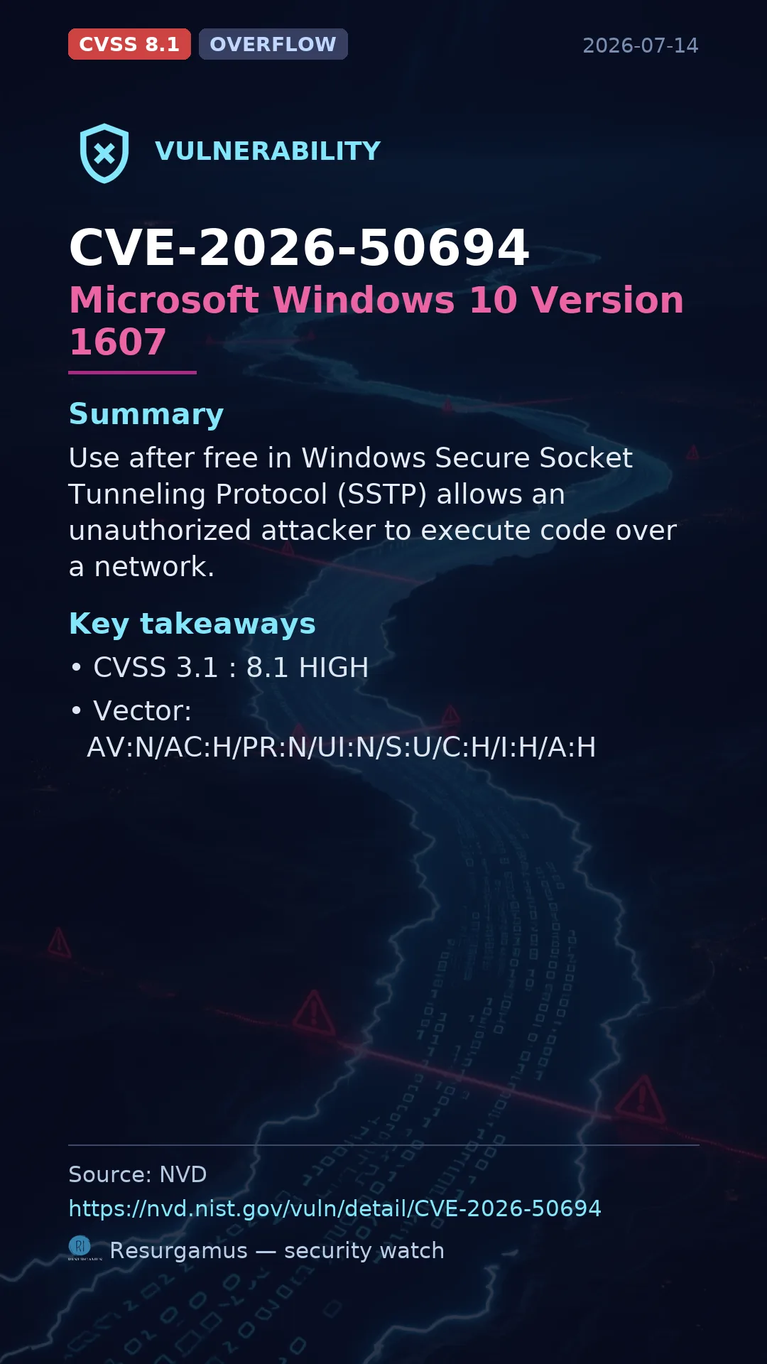 CVE-2026-50694 Microsoft Windows 10 Version 1607 Vulnerability