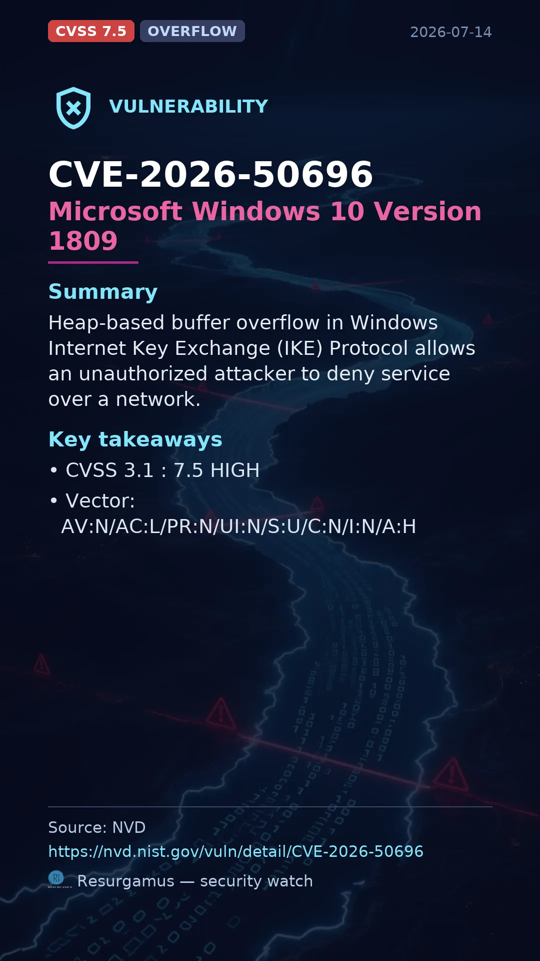 CVE-2026-50696 Microsoft Windows 10 Version 1809 Vulnerability