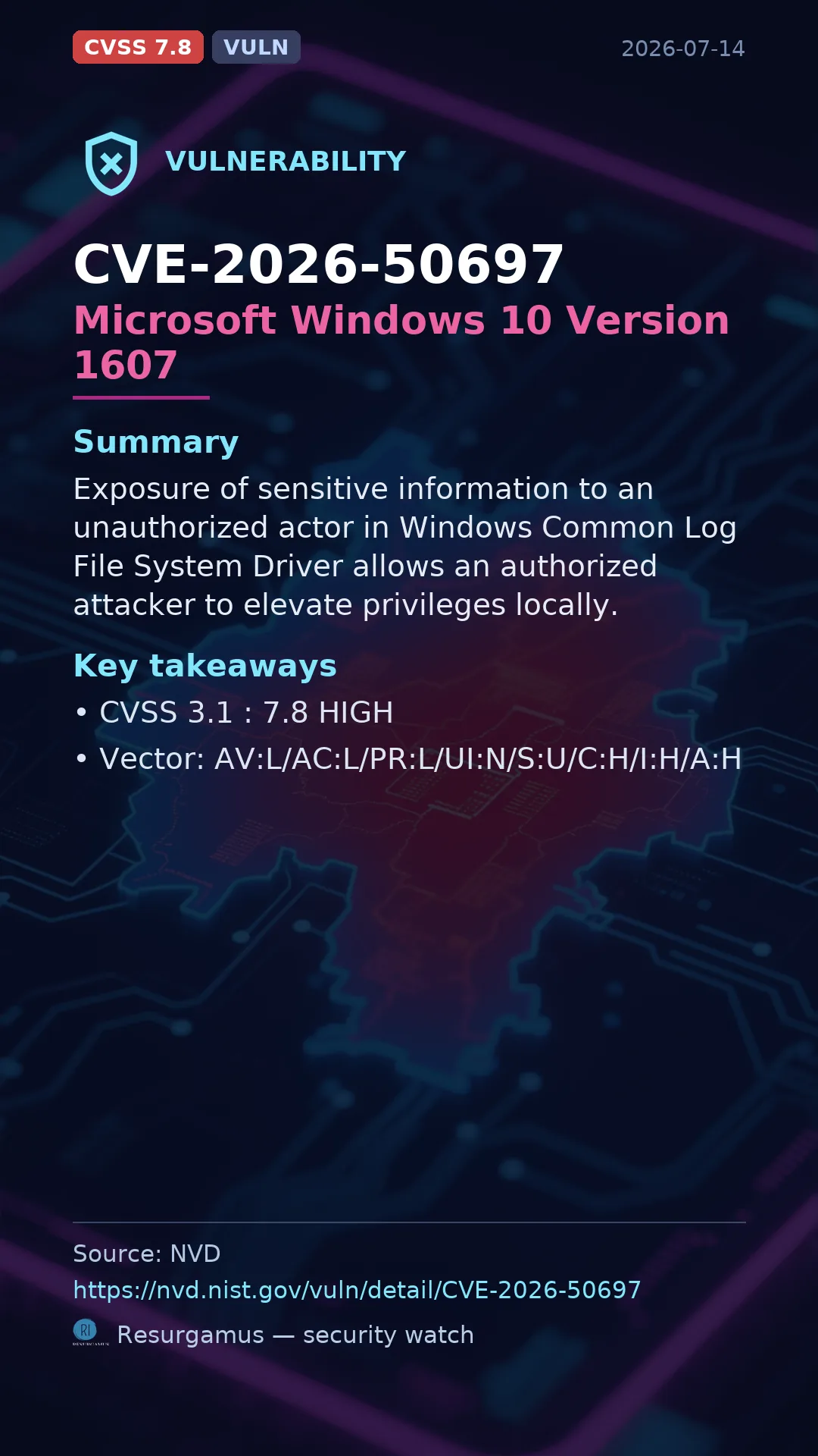 CVE-2026-50697 Microsoft Windows 10 Version 1607 Vulnerability