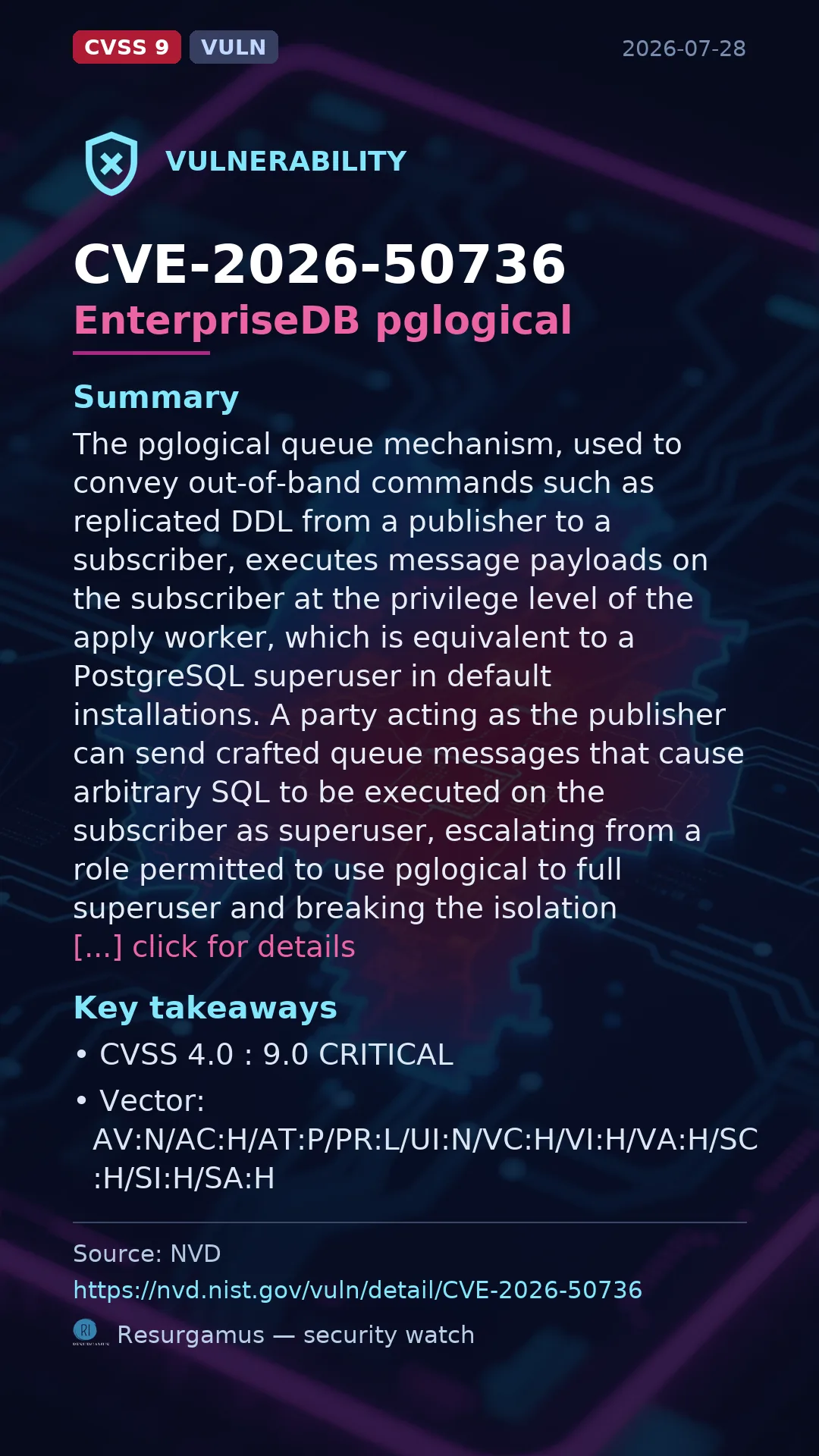 CVE-2026-50736 EnterpriseDB pglogical Vulnerability