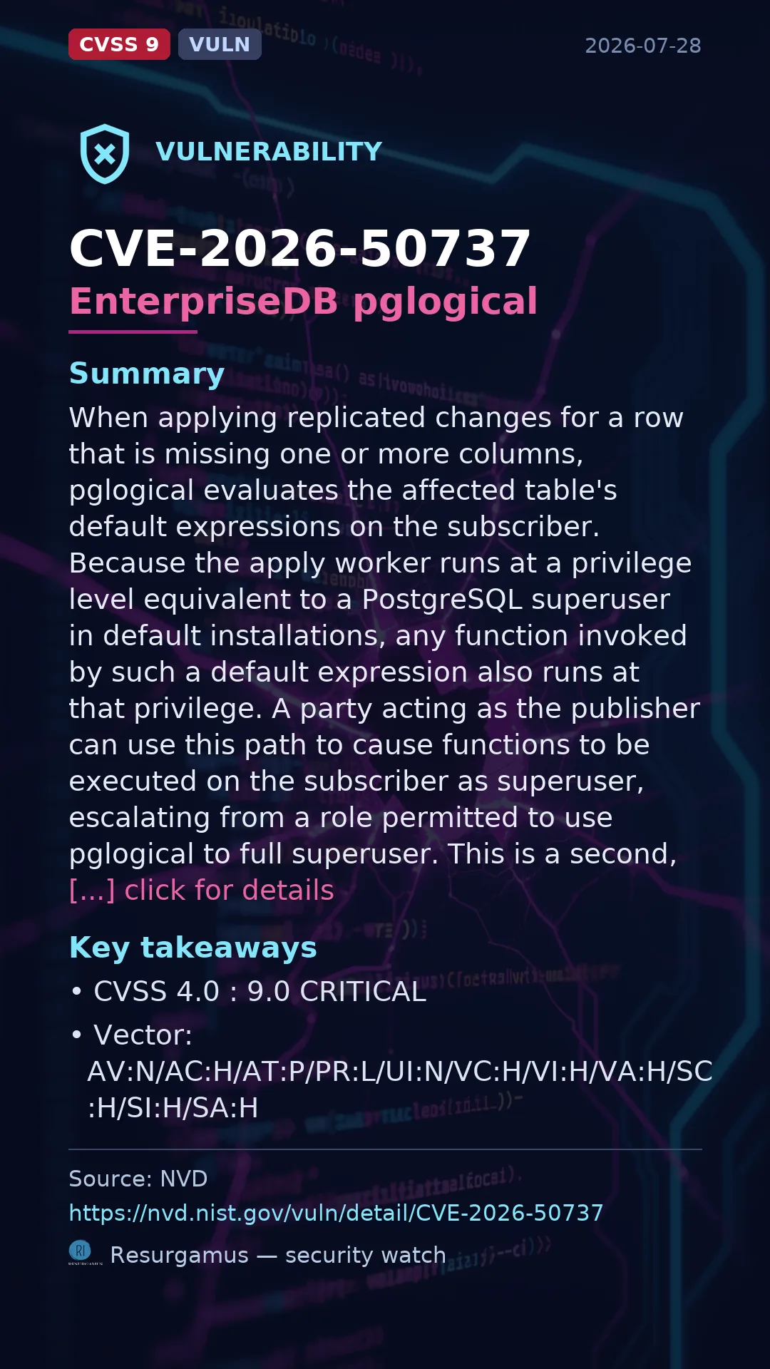CVE-2026-50737 EnterpriseDB pglogical Vulnerability